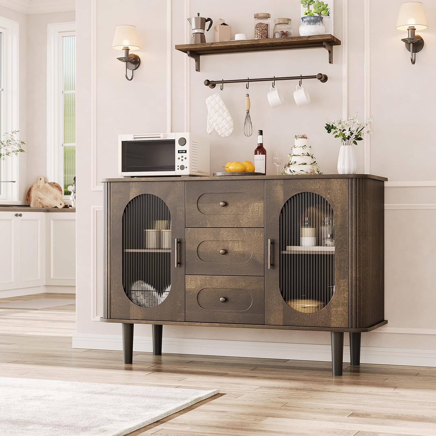 Alt View 2. Acekool - Sideboard with Fluted Glass Doors and 3 Drawers with Adjustable Shelves for Kitchen - Brown.