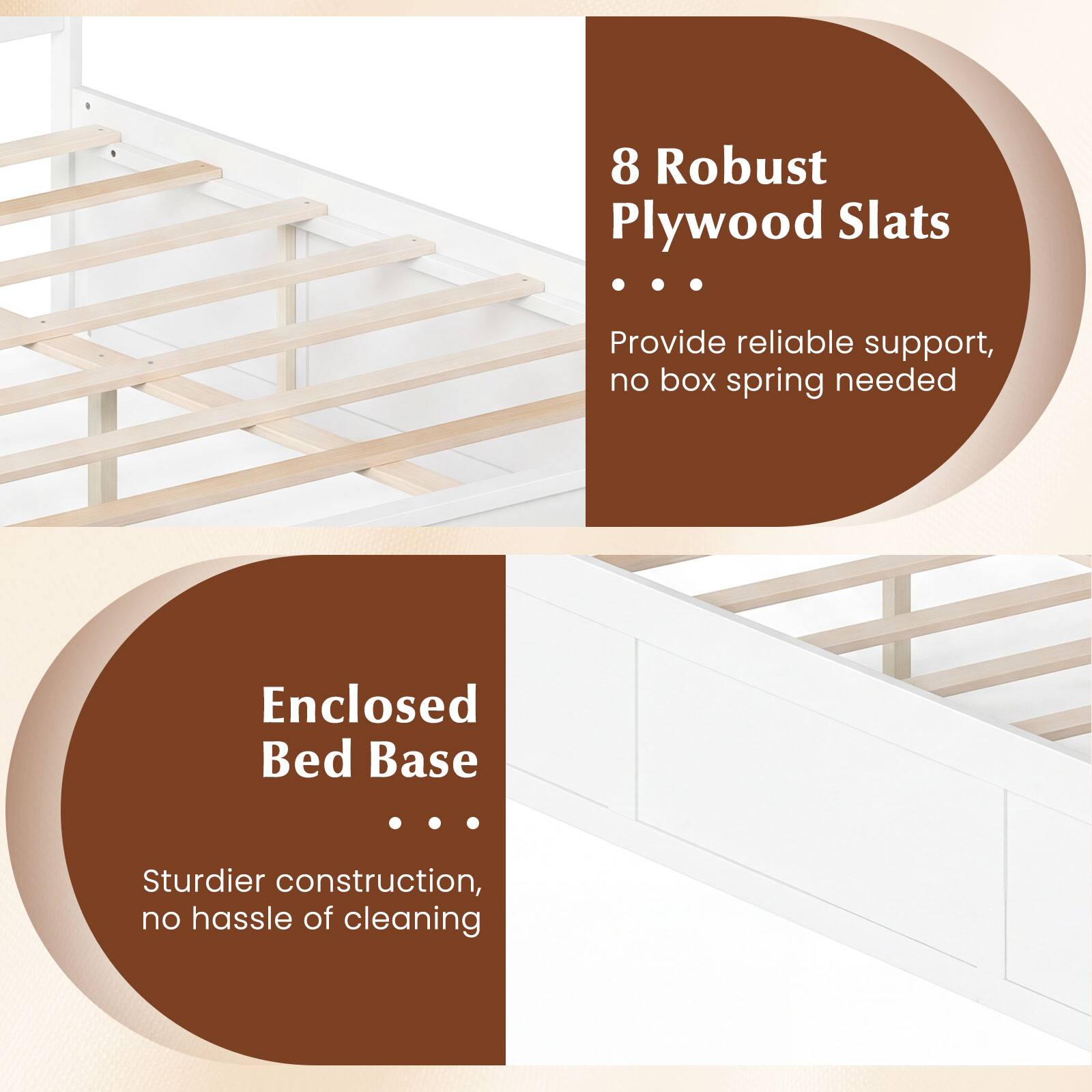 8 Robust Plywood Slats  
Provide reliable support, no box spring needed  

Enclosed Bed Base  
Sturdier construction, no hassle of cleaning