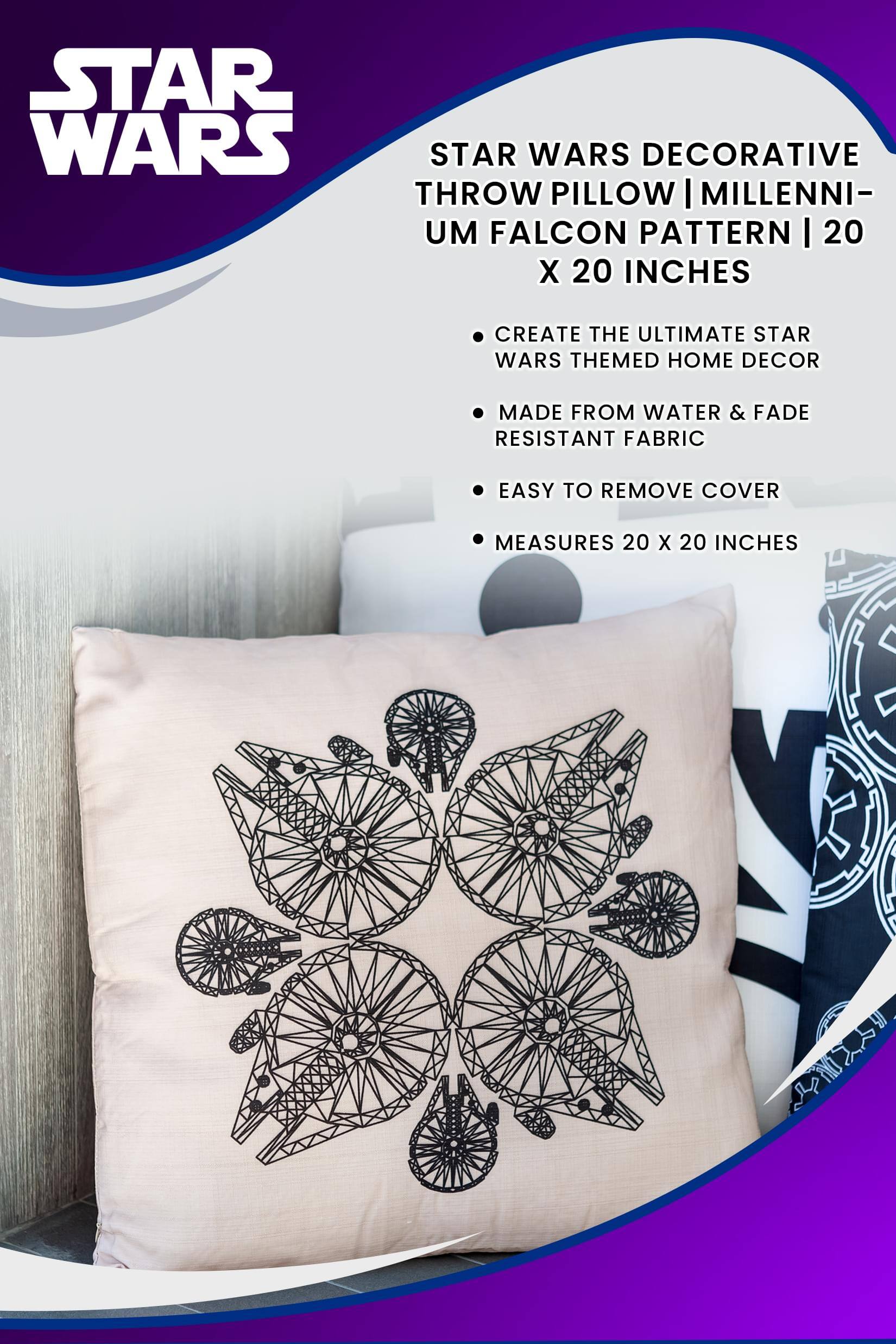 STAR WARS DECORATIVE THROW PILLOW | MILLENNIUM FALCON PATTERN | 20 X 20 INCHES

- CREATE THE ULTIMATE STAR WARS THEMED HOME DECOR
- MADE FROM WATER & FADE RESISTANT FABRIC
- EASY TO REMOVE COVER
- MEASURES 20 X 20 INCHES