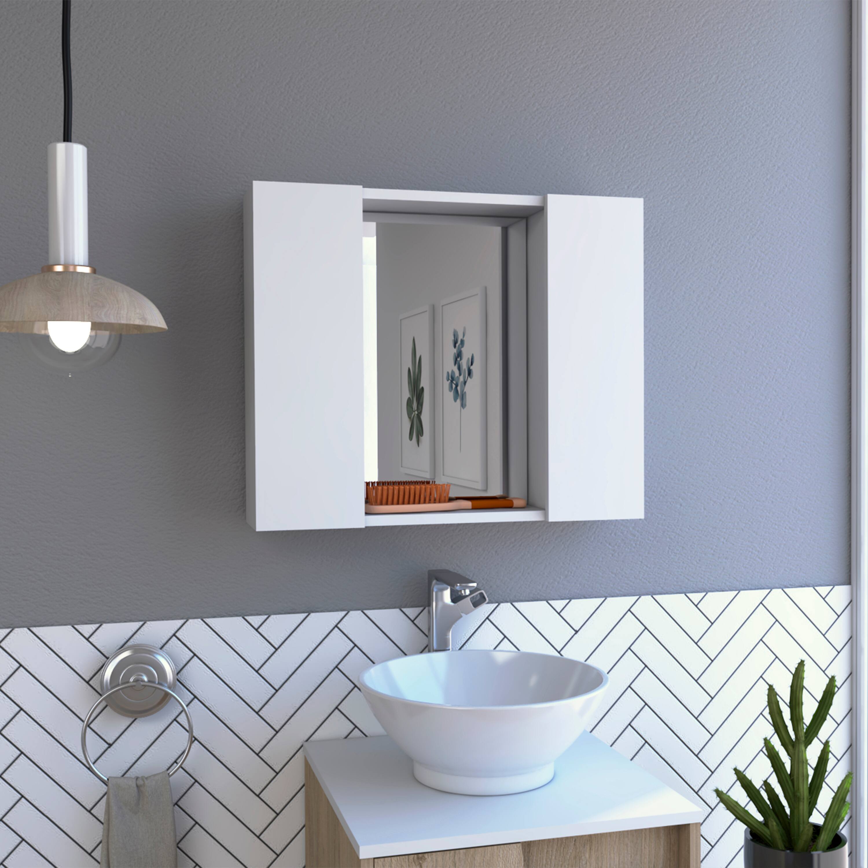 Left. TuHome - Wall-Mount Mirror Medicine Cabinet with Two Doors for Interior Storage - White.