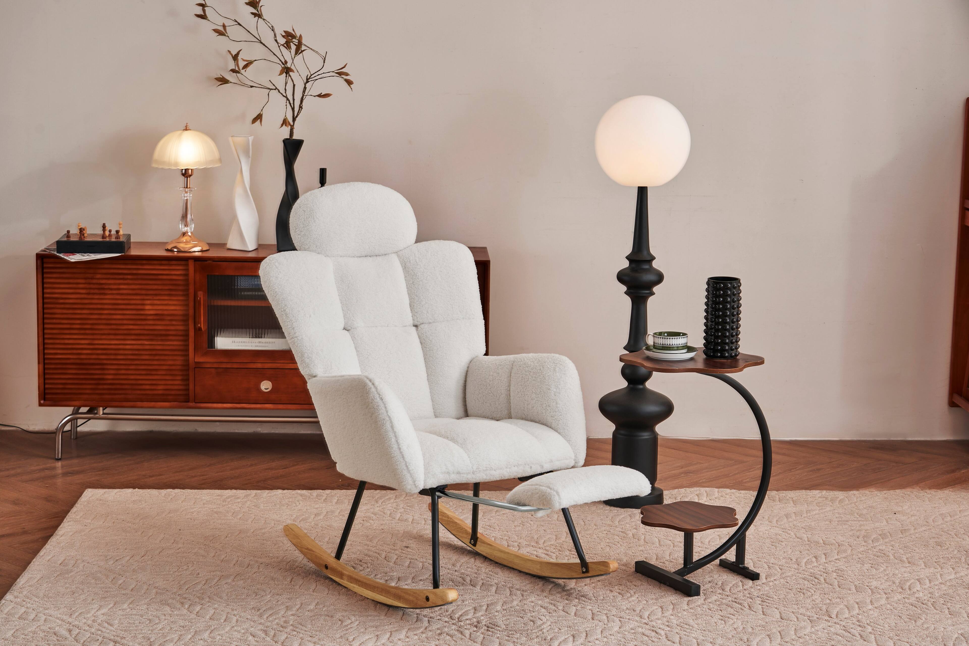 Alt View 7. GOODSILO - Teddy Fabric Upholstered Nursery Rocking Chair with Pillow & Footrest, Modern Accent Armchair - Ivory.
