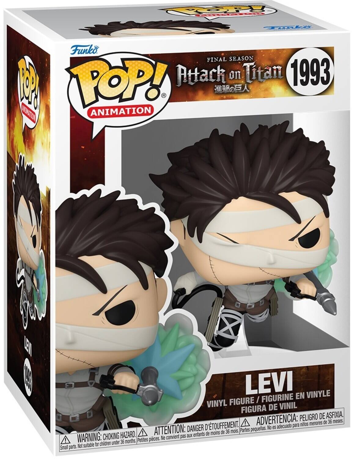 Sure, here is the corrected and grouped text from the image:

---

**Funko POP! Animation**

**FINAL SEASON**  
**Attack on Titan**  
**1993**

**LEVI**  
VINYL FIGURE / FIGURINE EN VINYLE  
FIGURA DE VINIL

**WARNING: CHOKING HAZARD**  
Small parts. Not suitable for children under 36 months.  
ATTENTION: DANGER D'ÉTOUFFEMENT  
Petites pièces. Ne convient pas aux enfants de moins de 36 mois.  
ADVERTENCIA: PELIGRO DE ASFIXIA.  
No es adecuado para niños menores de 36 meses.

---

This text is organized to reflect the information on the packaging, including the brand, series, character, and safety warnings.
