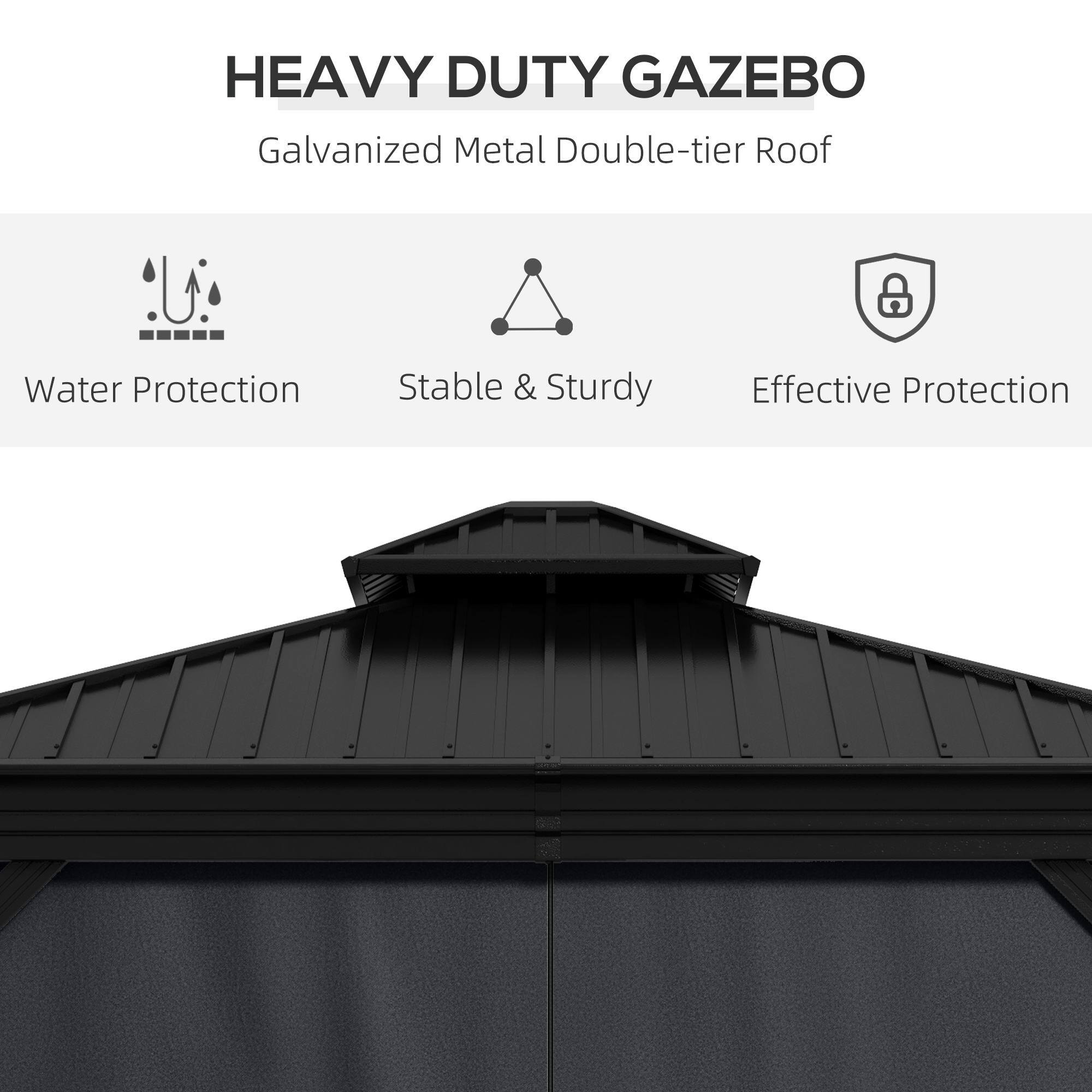 HEAVY DUTY GAZEBO  
Galvanized Metal Double-tier Roof  

- Water Protection  
- Stable & Sturdy  
- Effective Protection