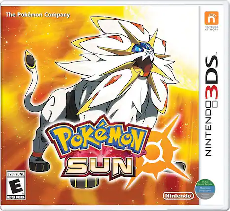 The Pokémon Company
Nintendo Network
Nintendo 3DS
Pokémon Sun
Everyone
ESRB
U.A.E Saudi Arabia
Malaysia
Singapore
Official Product - E (Everyone)