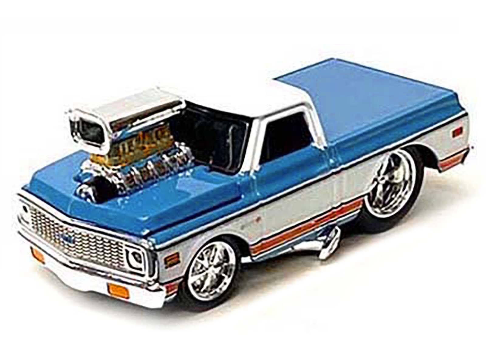 Alt View 1. Muscle Machines - 1972 Chevrolet C10 Pickup Truck Blue and White with Stripes 1/64 Diecast Model Car by Muscle Machines.