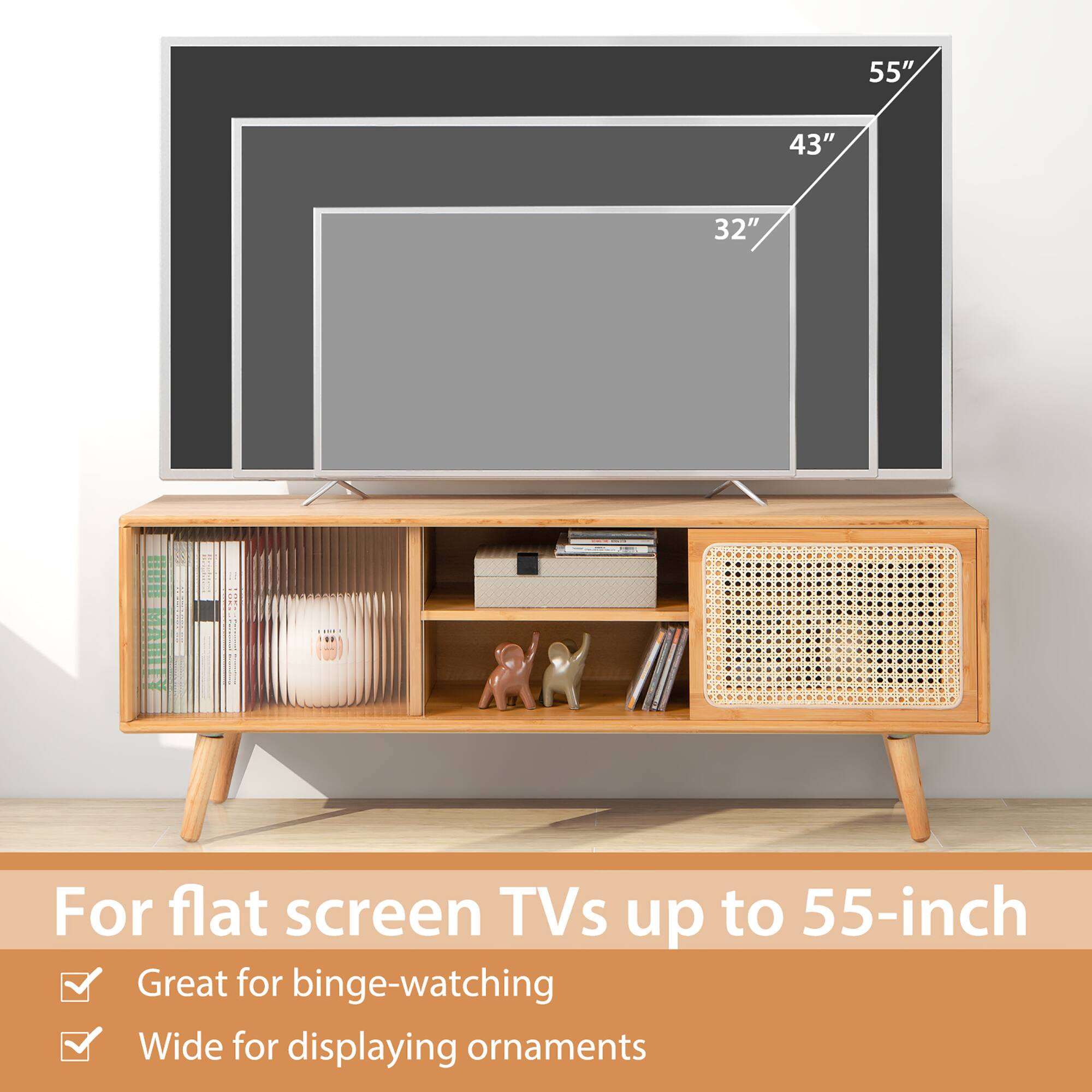 For flat screen TVs up to 55-inch, great for binge-watching, and wide for displaying ornaments.
