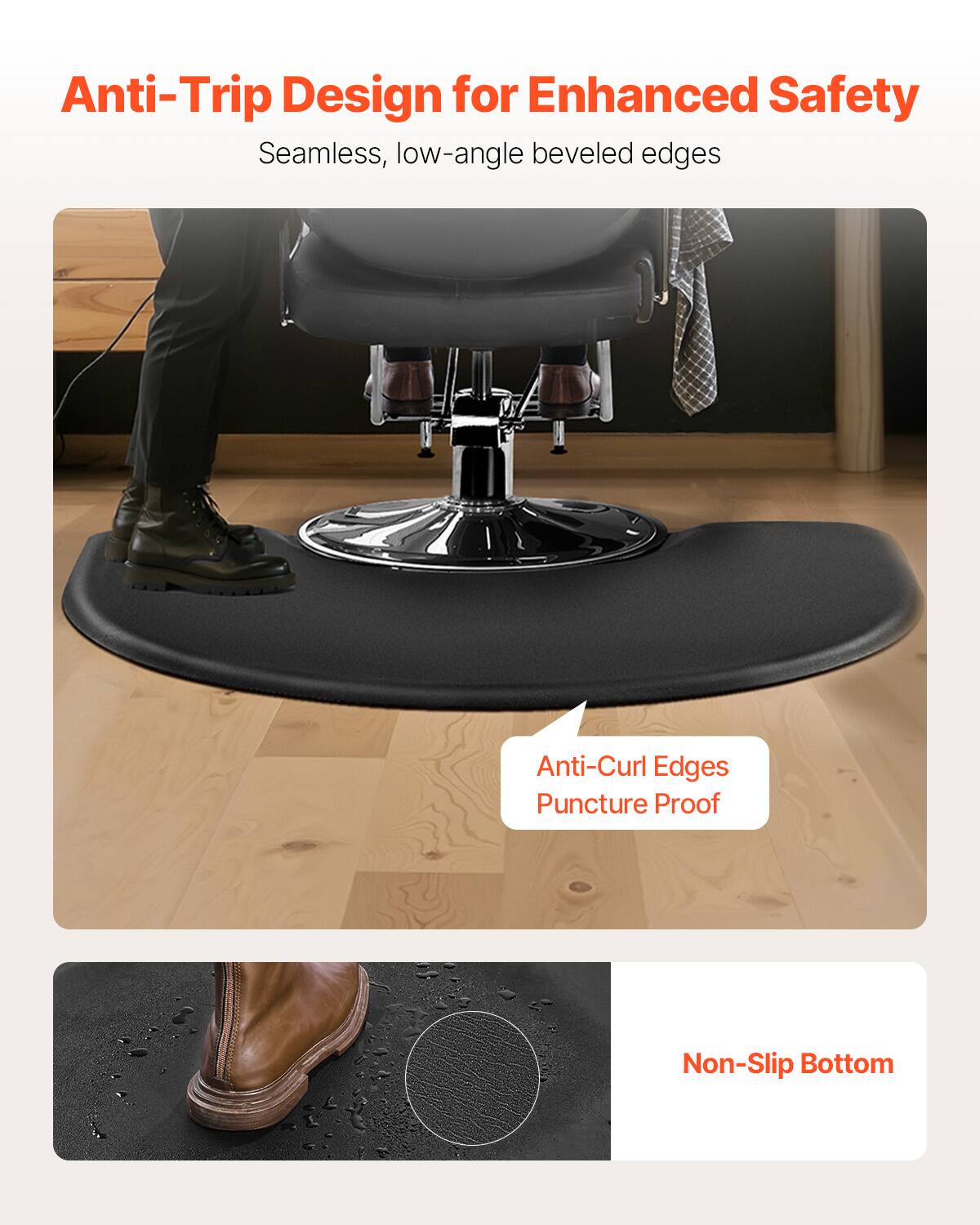 Anti-Trip Design for Enhanced Safety
Seamless, low-angle beveled edges
Anti-Curl Edges Puncture Proof
Non-Slip Bottom