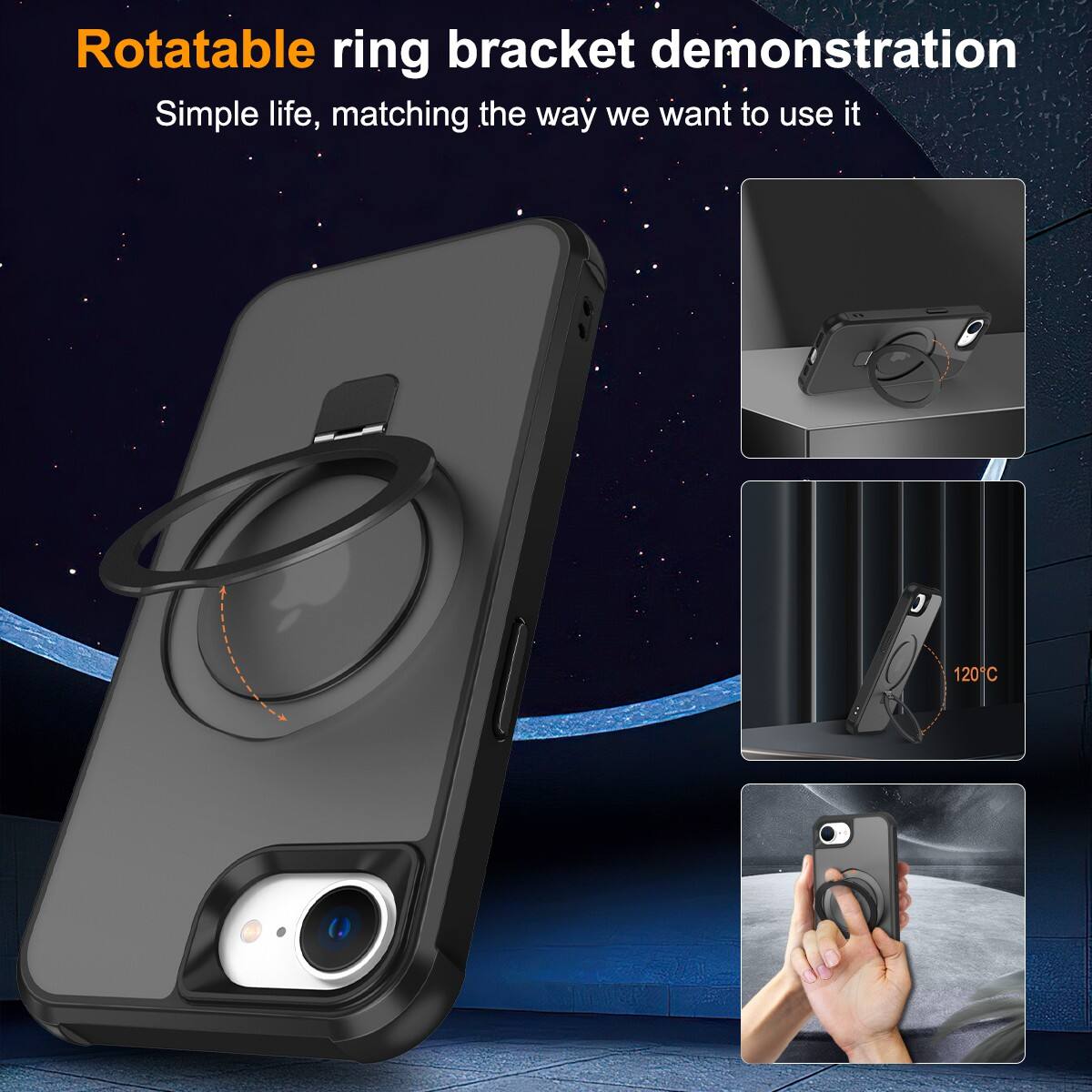 Rotatable ring bracket demonstration  
Simple life, matching the way we want to use it  

120°