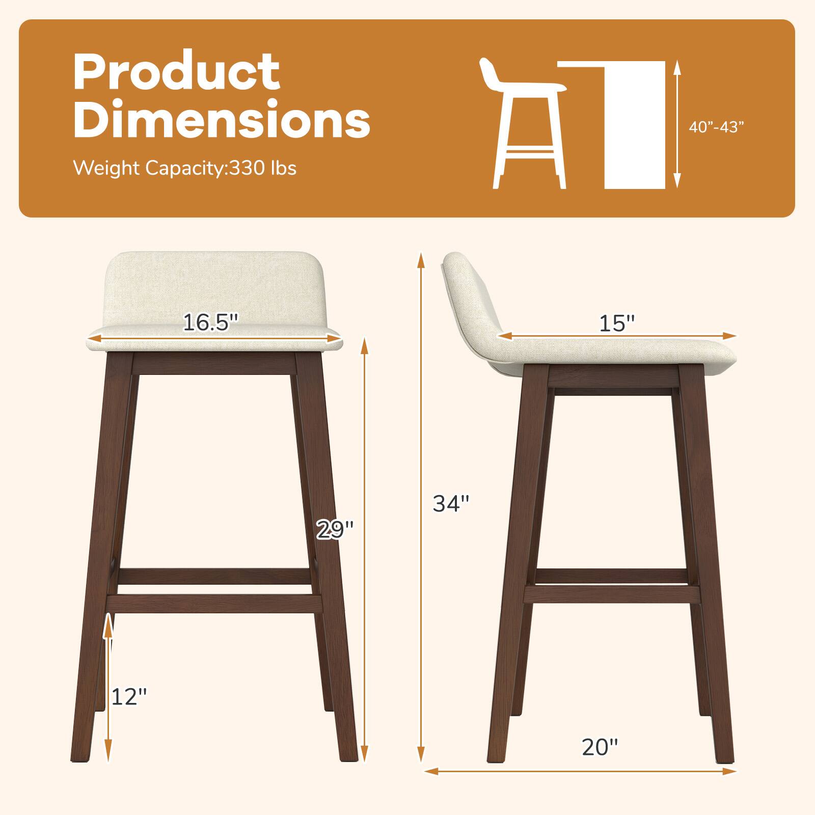 Product Dimensions: Weight Capacity: 330 lbs, Height: 40"-43", Seat Width: 16.5", Seat Depth: 15", Overall Height: 34", Base Width: 20", Base Depth: 12".