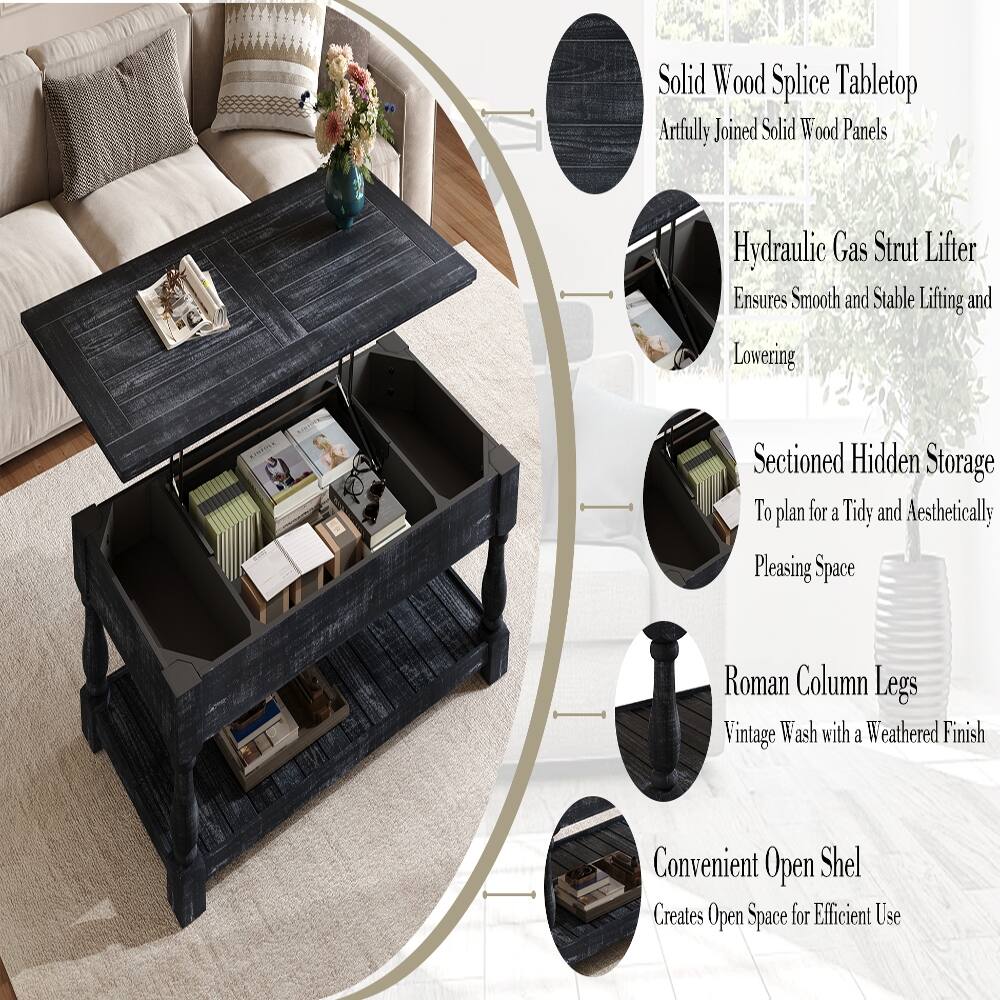 Solid Wood Splice Tabletop  
Artfully Joined Solid Wood Panels

Hydraulic Gas Strut Lifter  
Ensures Smooth and Stable Lifting and Lowering

Sectioned Hidden Storage  
To plan for a Tidy and Aesthetically Pleasing Space

Roman Column Legs  
Vintage Wash with a Weathered Finish

Convenient Open Shel  
Creates Open Space for Efficient Use