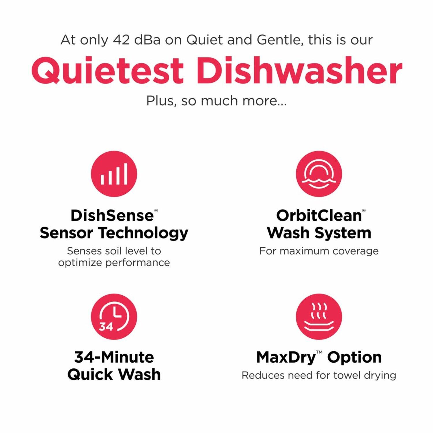 At only 42 dBA on Quiet and Gentle, this is our Quietest Dishwasher Plus, so much more...

- **DishSense Sensor Technology**
  - Senses soil level to optimize performance

- **OrbitClean Wash System**
  - For maximum coverage

- **34-Minute Quick Wash**

- **MaxDry™ Option**
  - Reduces need for towel drying