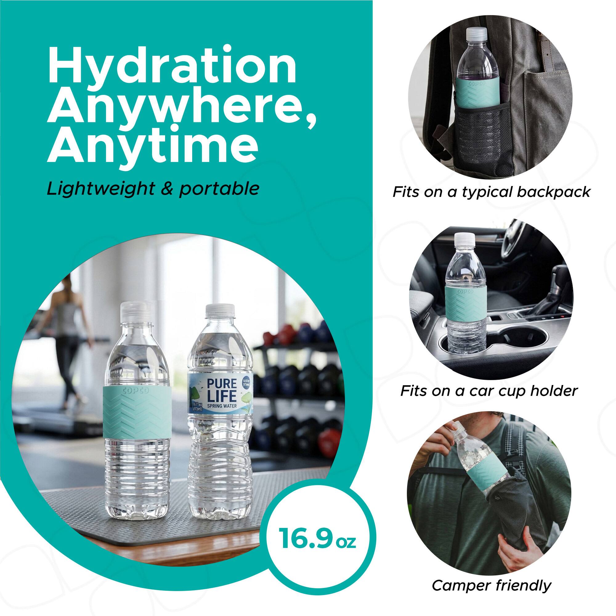 Hydration Anywhere, Anytime  
Lightweight & portable  

Fits on a typical backpack  
Fits on a car cup holder  
16.9 oz  
Camper friendly