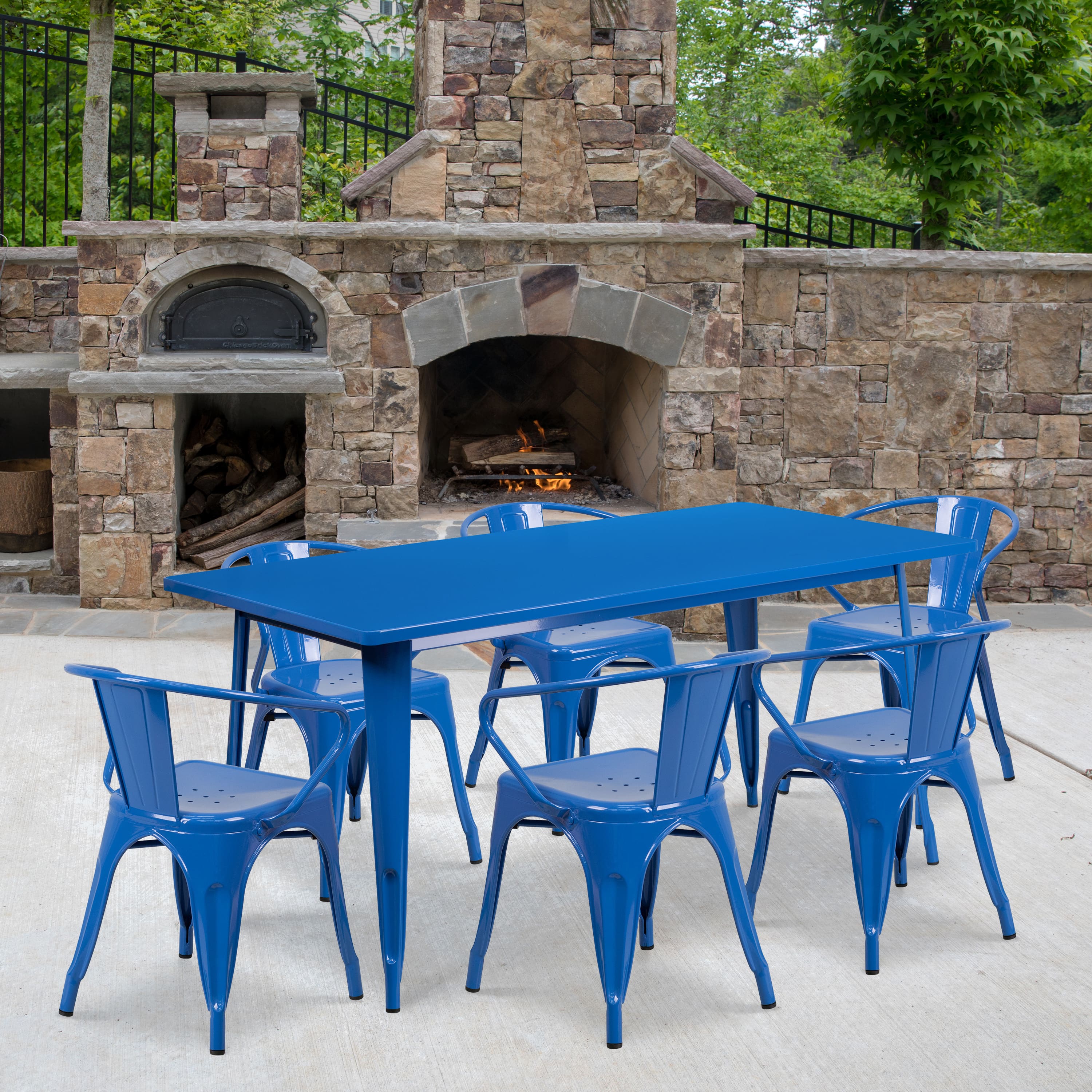 Emma + Oliver - Commercial Grade Rectangular Metal Indoor-Outdoor Table Set with 6 Arm Chairs - Blue
