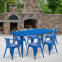 Emma + Oliver - Commercial Grade Rectangular Metal Indoor-Outdoor Table Set with 6 Arm Chairs - Blue