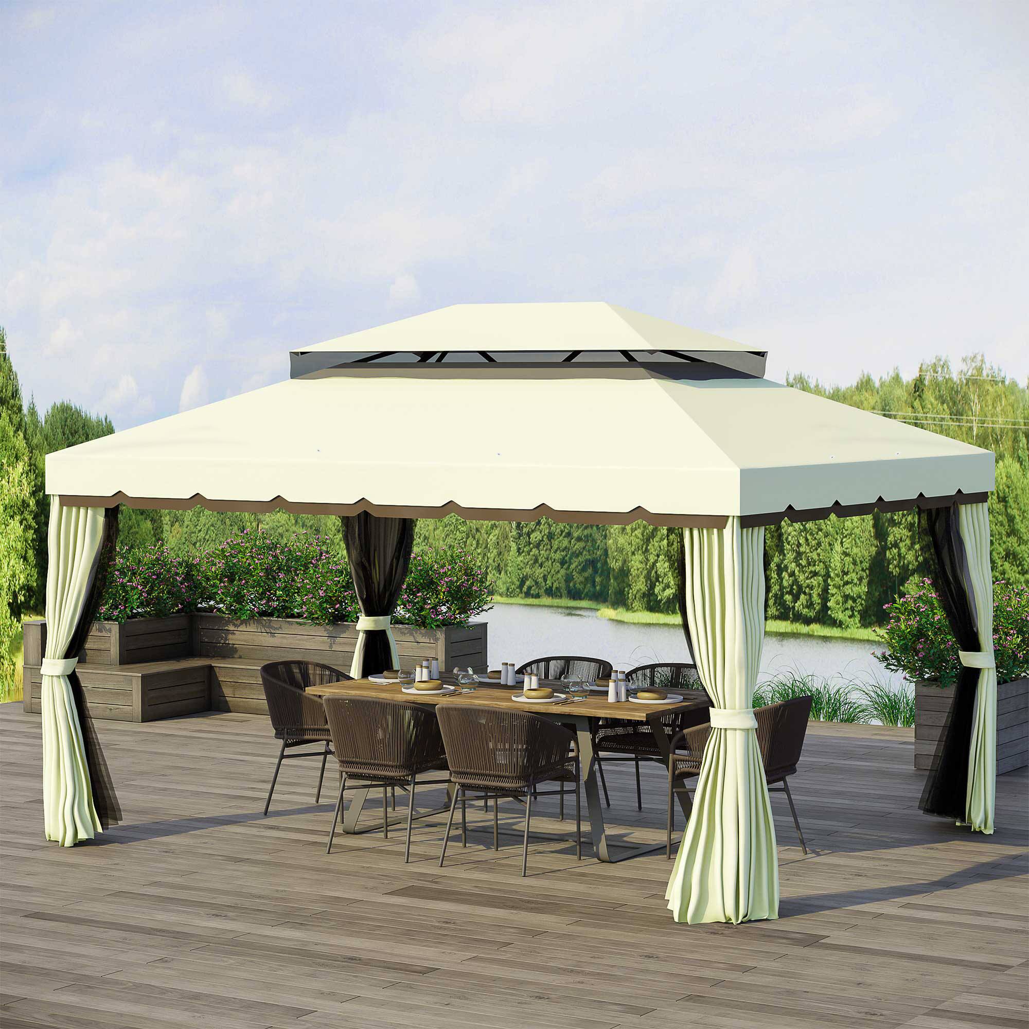 Angle. Outsunny -  10' x 13' Patio Gazebo, Outdoor Gazebo Canopy Shelter with Netting and Curtains, Aluminum Frame for Garden - Cream White/Brown.