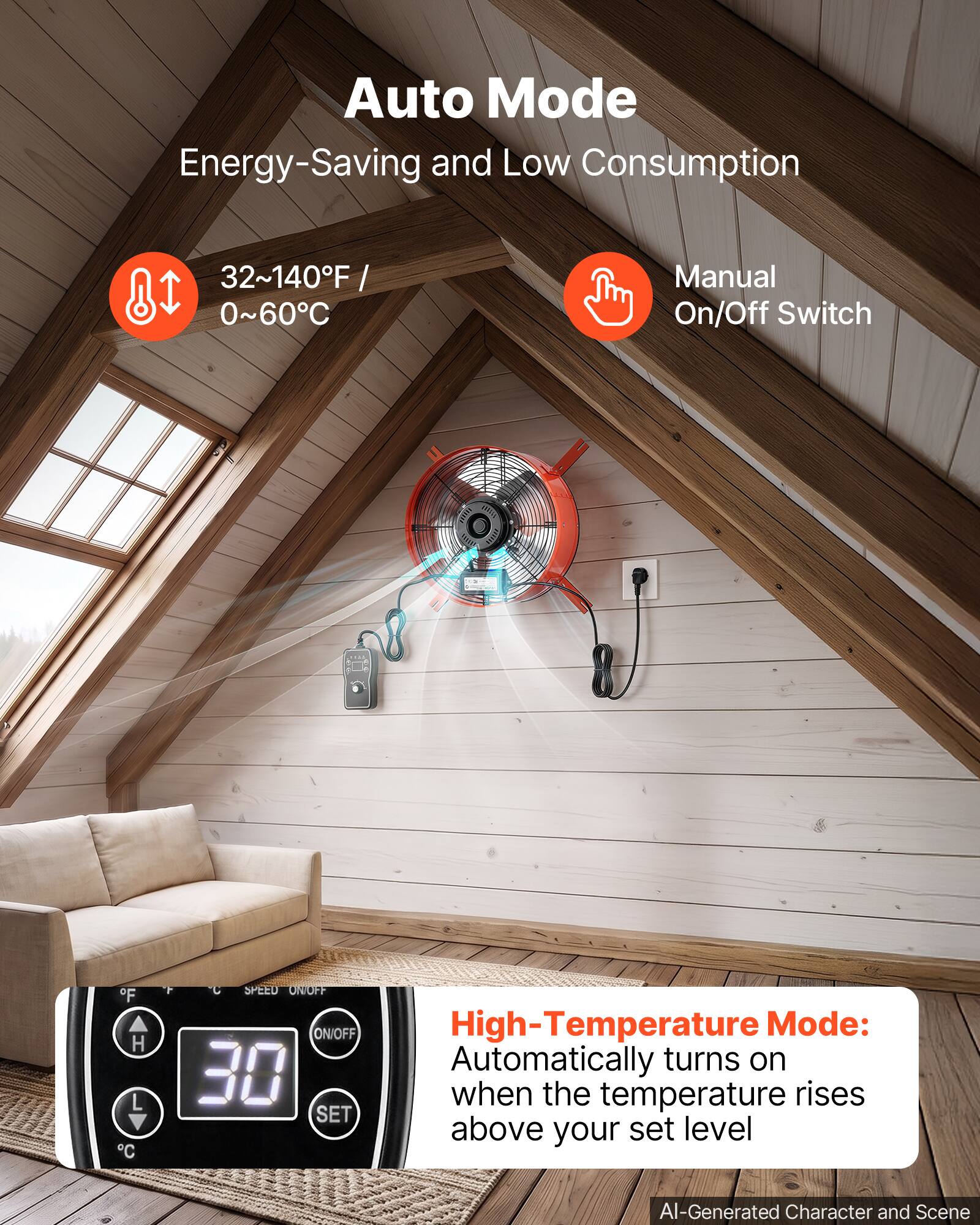 VEVOR Gable Mount Fan, 15 in Attic Vent Exhaust Fan 1650 CFM Thermostat ...