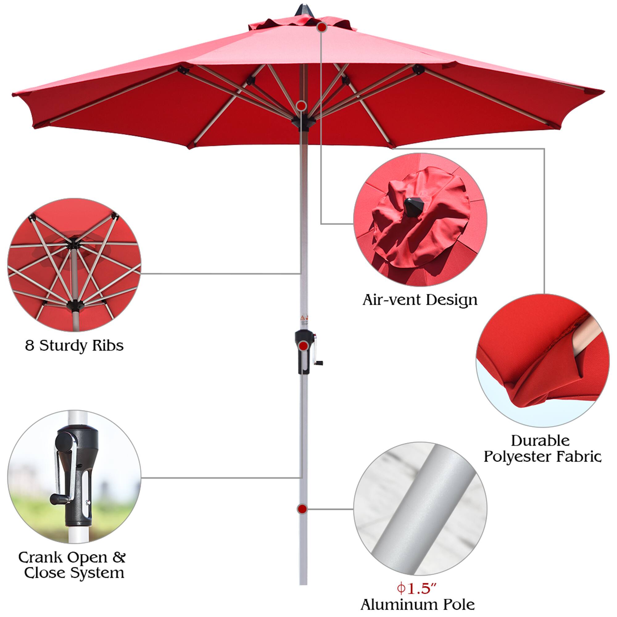 Air-vent Design, 8 Sturdy Ribs, Durable Polyester Fabric, Crank Open & Close System, 1.5" Aluminum Pole