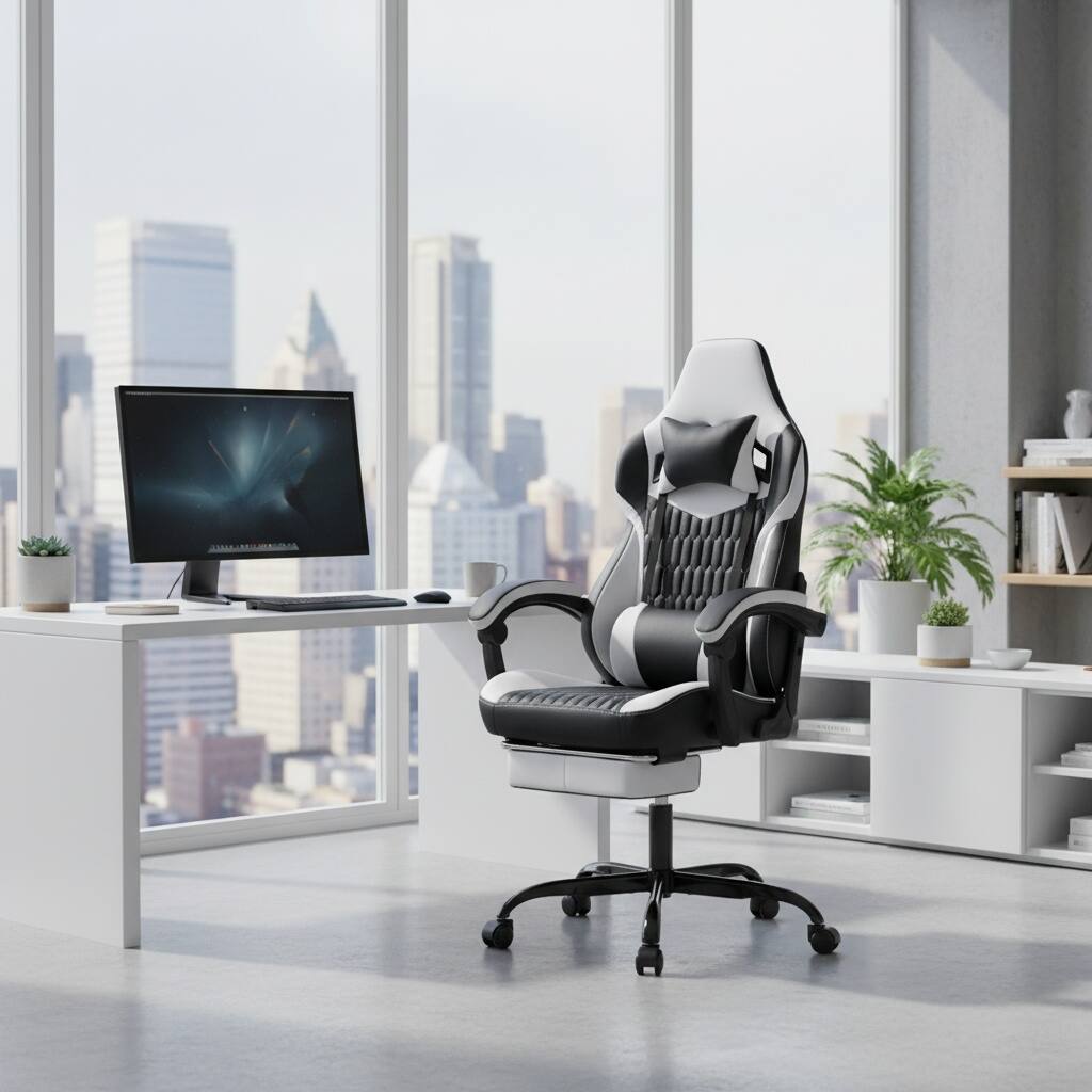 Left. Forest'nSky - Gaming Chair with Footrest, High Back PVC Leather Ergonomic Gamer Chair with Headrest and Lumbar Support,White - White.