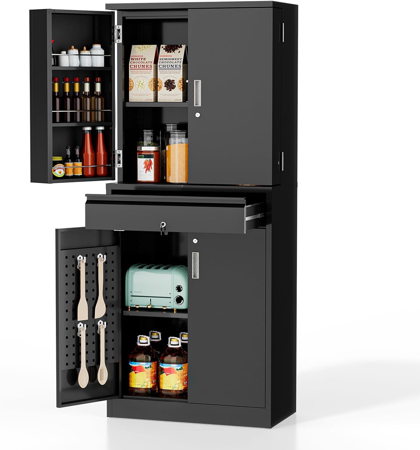 Winado - Metal Kitchen Pantry Storage Cabinet with Drawer & Doors & Cupboard & Adjustable Shelf - Black