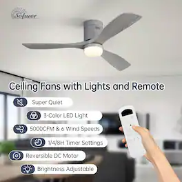 Sofucor - Modern Solid Wood 52 Inch Low Profile Ceiling Fan with Dimmable LED Light and Remote 6 Speeds Quiet Bedroom - Silver Grey Wood