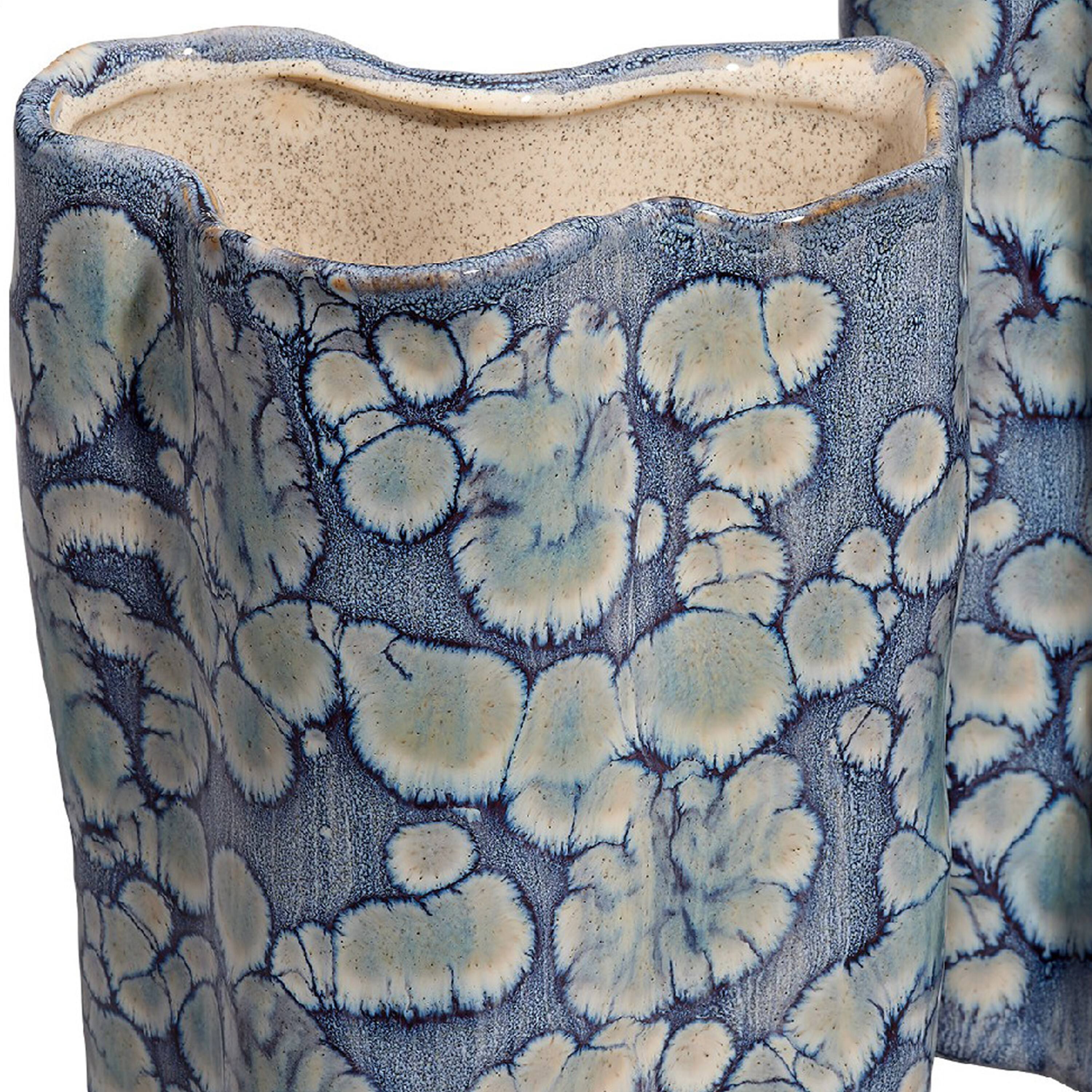 Left. Manhattan Lane - Gipo Decorative Flower Vase Set of 2, Ruffled Body,   Ceramic - Blue, White.
