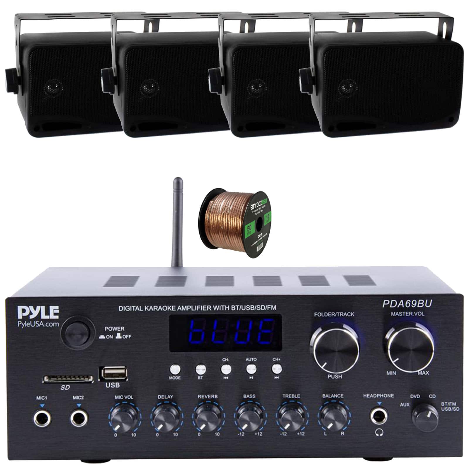 PDA69BU Bluetooth AUX/USB MP3/SD FM Radio Home Stereo Receiver, 4x Pyle 3.5'' 200W Indoor/Outdoor Speakers w/Wire