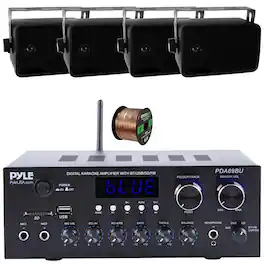 PDA69BU Bluetooth AUX/USB MP3/SD FM Radio Home Stereo Receiver, 4x Pyle 3.5'' 200W Indoor/Outdoor Speakers w/Wire