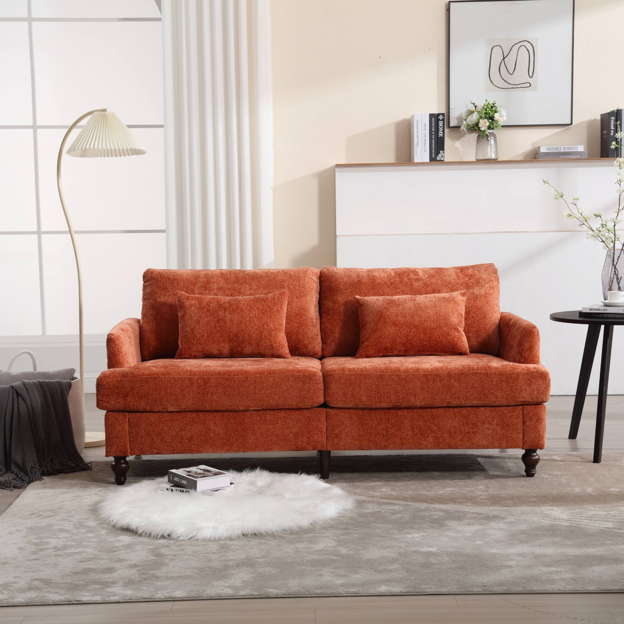 Left. GOODSILO - Modern Upholstered Loveseat Sofa with Chenille Fabric and Solid Wood Frame for Living Room and Bedroom - Dark Orange.