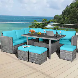 Gymax - 7PCS Rattan Patio Sectional Sofa Set Conversation Set w/ Cushions - Turquoise