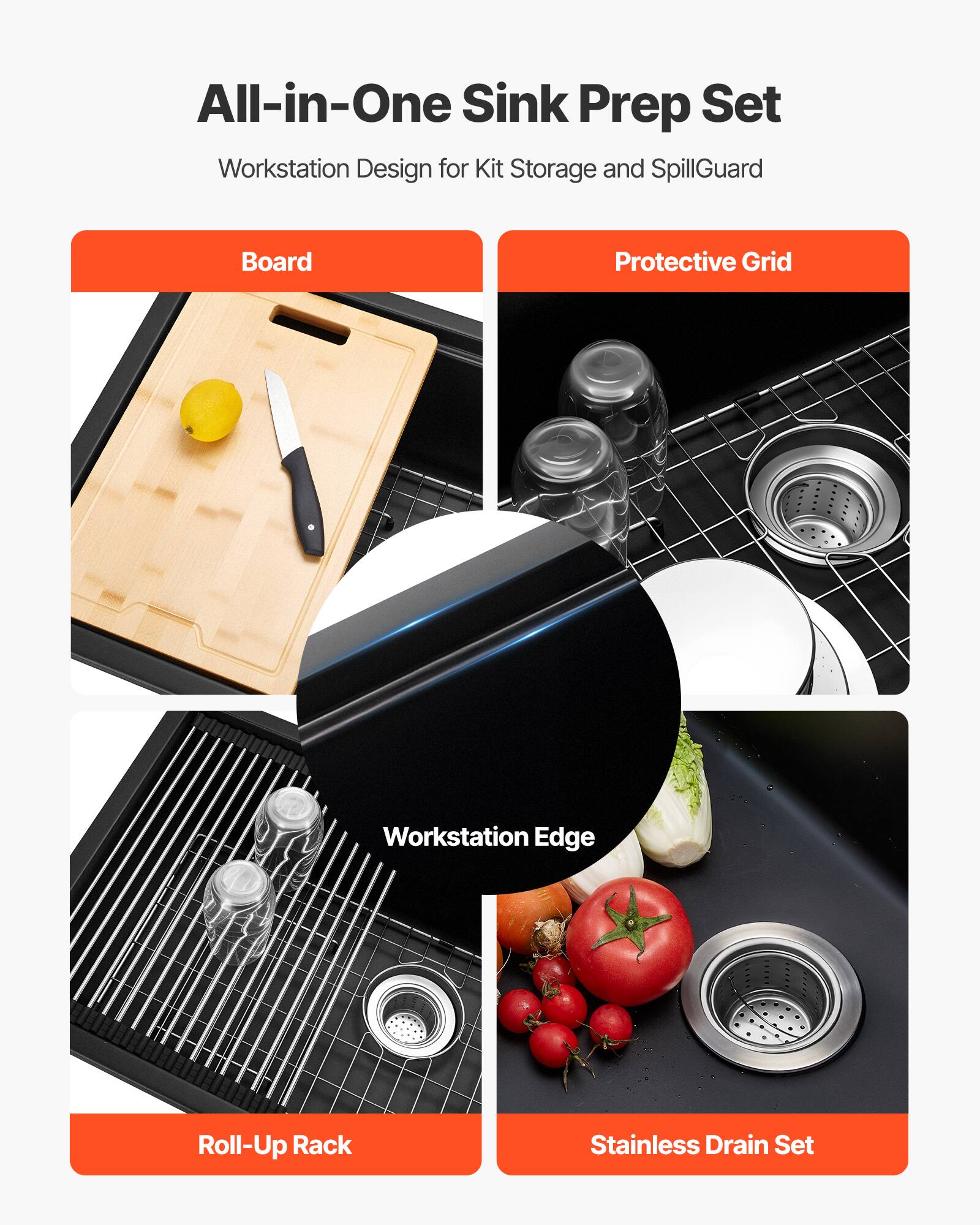 All-in-One Sink Prep Set  
Workstation Design for Kit Storage and SpillGuard  

- Board  
- Protective Grid  
- Workstation Edge  
- Roll-Up Rack  
- Stainless Drain Set