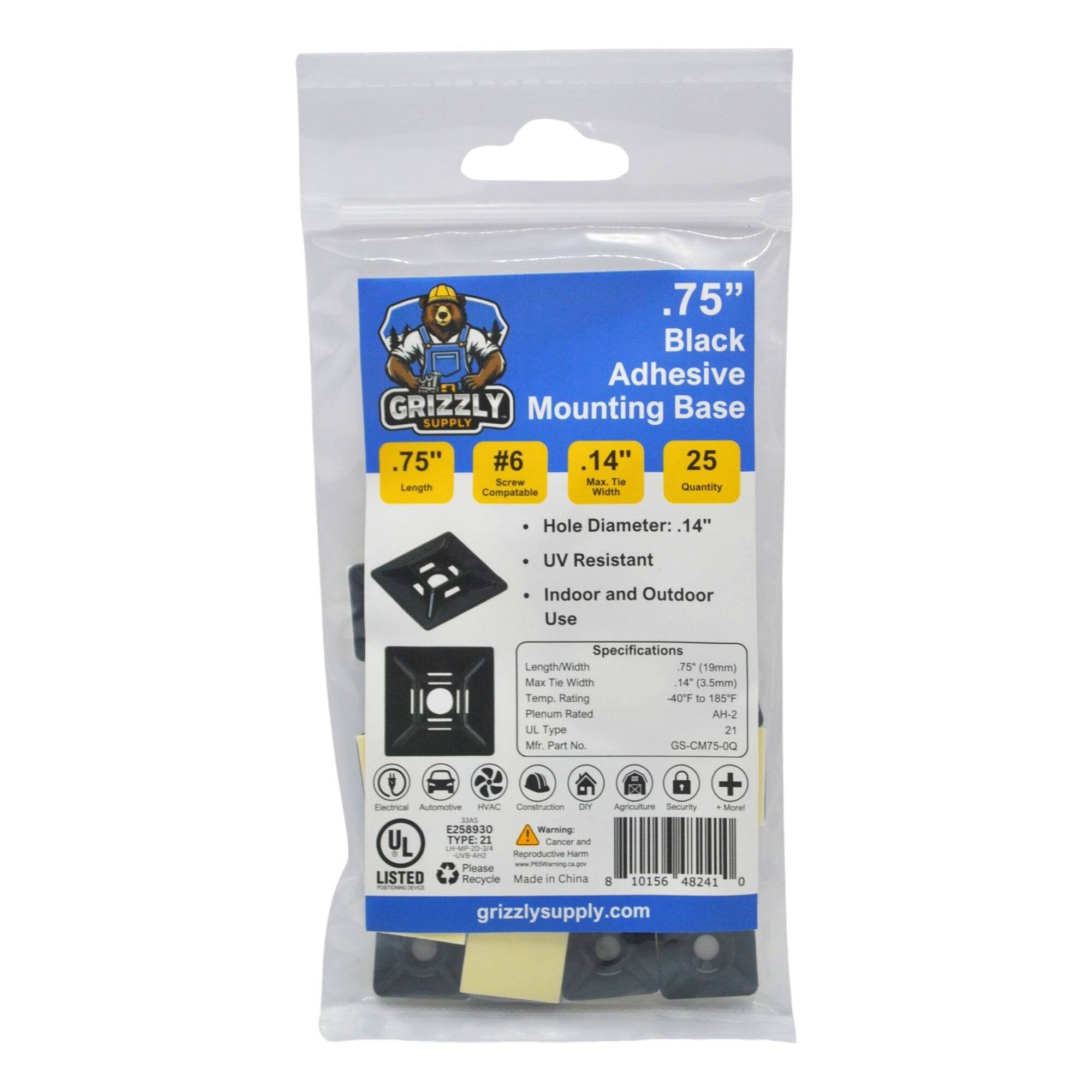.75" Black Adhesive GRIZZLY Mounting Base SUPPLY
.75" #6
.14" 25
Screw Length
Compatible
Hole Diameter: 14"
UV Resistant
Indoor and Outdoor Use
Specifications
Length/Width 7% (19mm)
Max Tie Width 14 (3.5mm)
Temp. Rating 40F 185F
Plenum Rated
UL Type 21
MF Part No G8-CM75-00
+ Ctrizal
Automotive
Construction
Agriculture
Security
Moral
Warning
UL TYPE 23
Cancer and
Reproductive
nmn
Please LISTED
Made in China
e 10156 48241
grizzlysupply.com