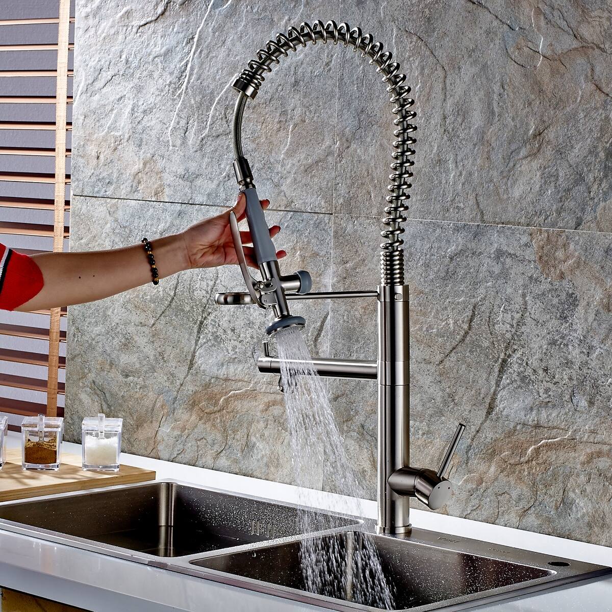 Left. Ropilly - Ropilly Pull Down Kitchen Faucet Brushed Nickel Stainless Steel Look Single Handle Dual Spout Single Hole - Brushed Nickel.