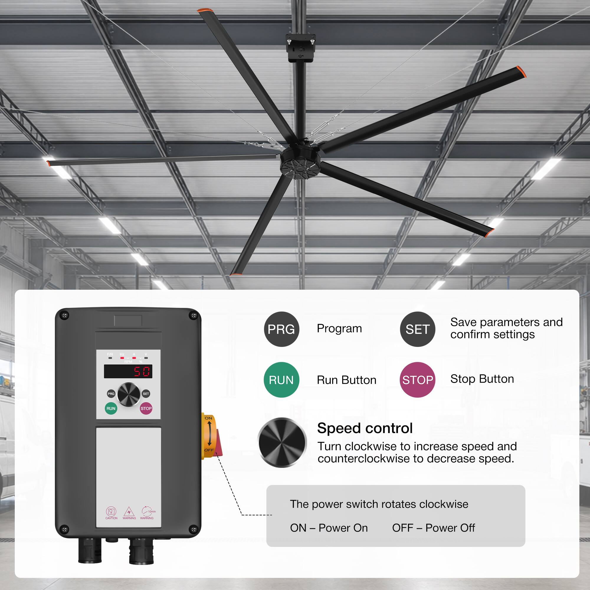 PRG Program  
SET Save parameters and confirm settings  
S0  
RUN Run Button  
STOP Stop Button  

Speed control  
Turn clockwise to increase speed and counterclockwise to decrease speed.  

The power switch rotates clockwise  
ON - Power On  
OFF - Power Off