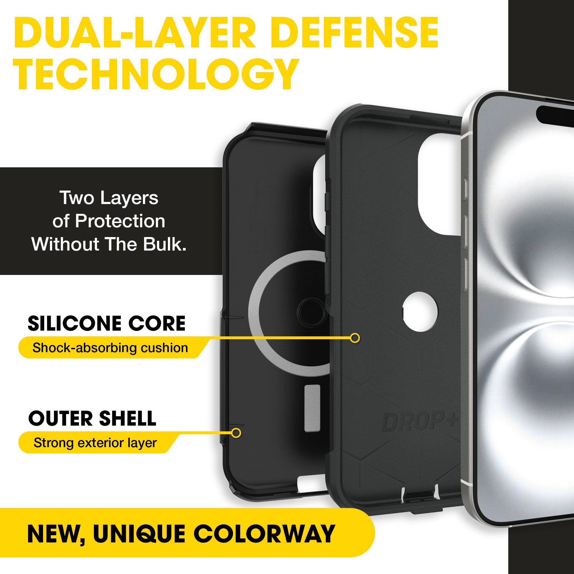 DUAL-LAYER DEFENSE TECHNOLOGY  
Two Layers of Protection Without The Bulk.  
SILICONE CORE  
Shock-absorbing cushion  
OUTER SHELL  
Strong exterior layer  
NEW, UNIQUE COLORWAY