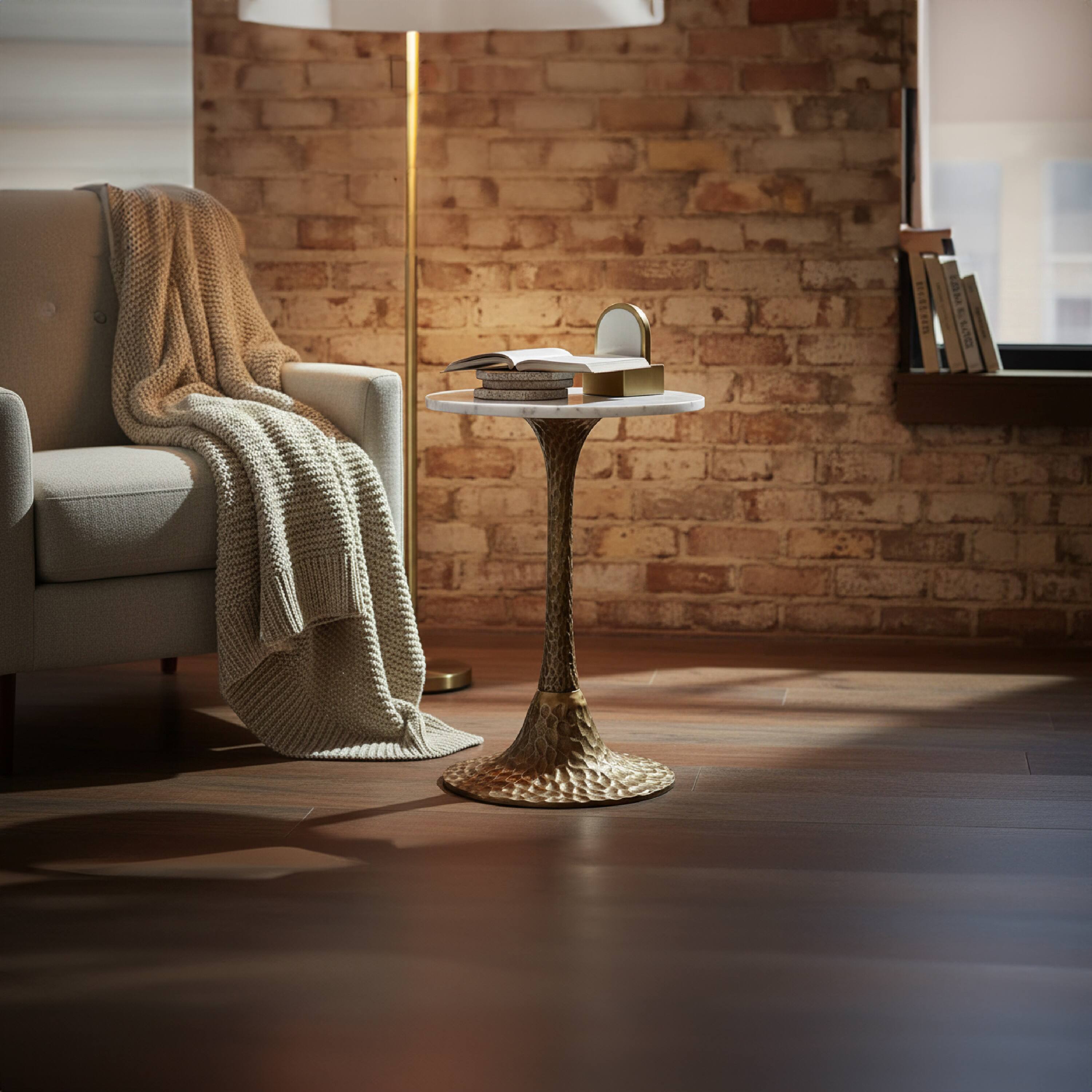 Alt View 8. Manhattan Lane - Accent Side Table, 14.5 Inch Round White Marble Top, Antique Brass Hammered Pedestal Base - Antique Brass, White.