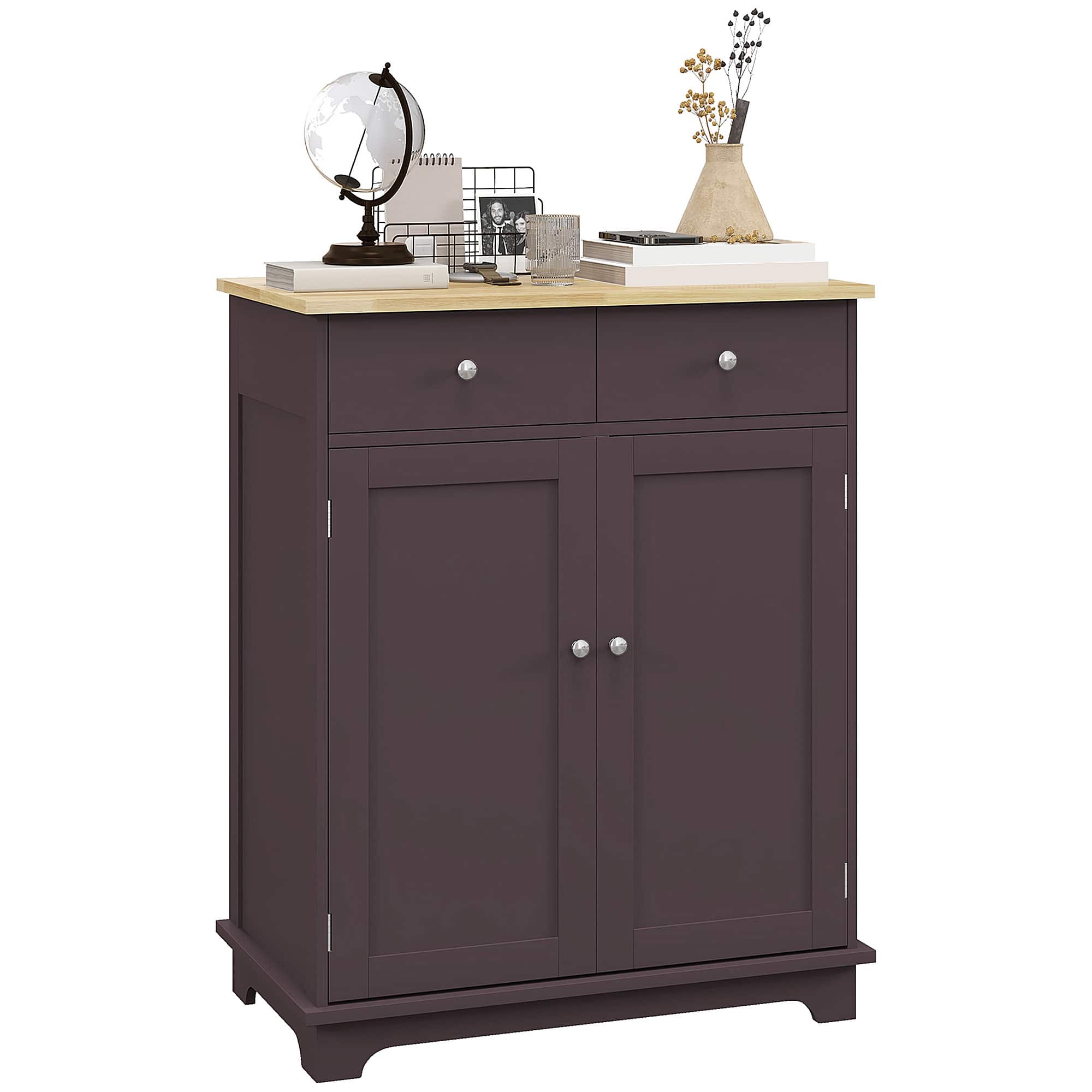 Homcom - Sideboard with Solid Wood Countertop, Modern Kitchen Storage Cabinet, Bar Cabinet with 2 Drawers - Coffee