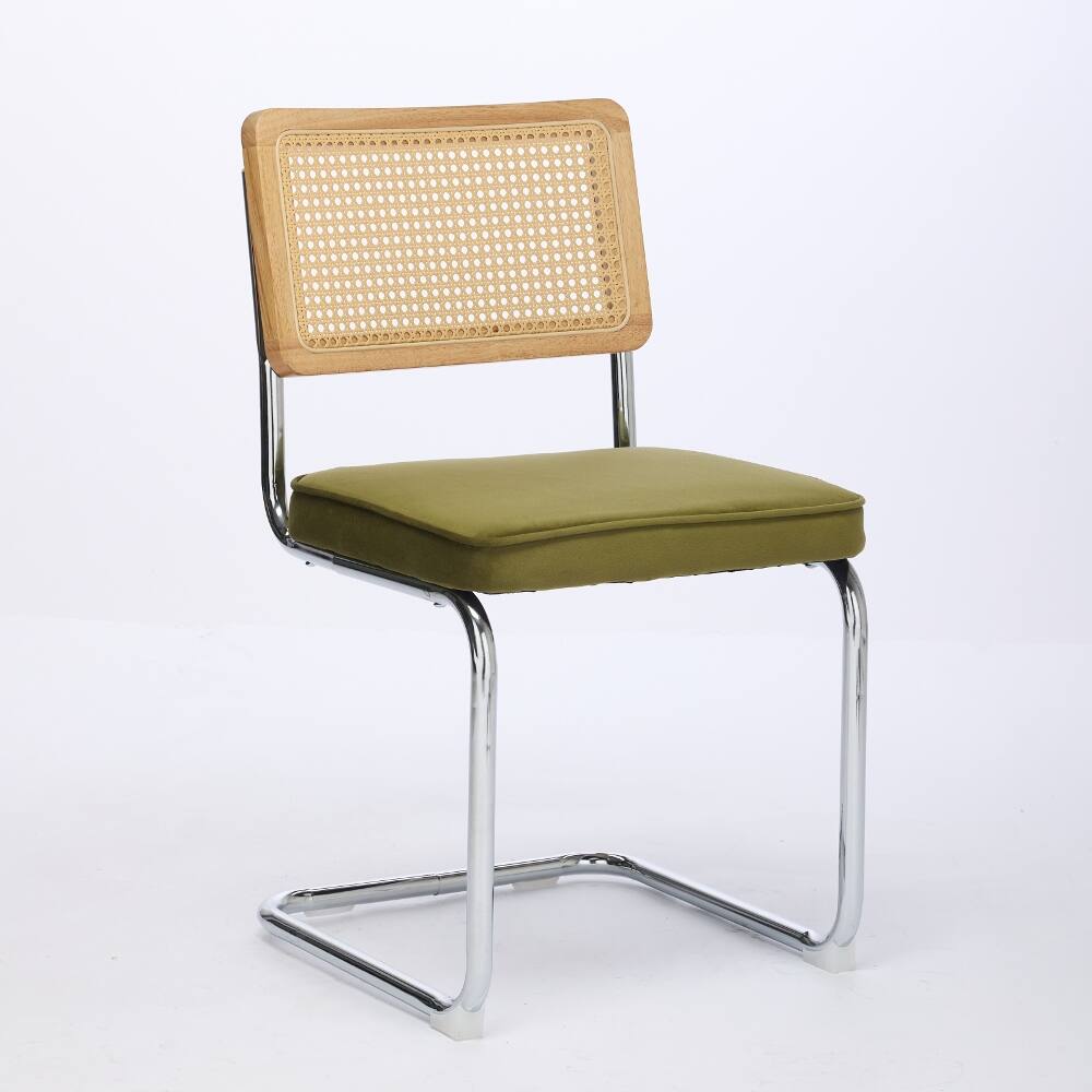 Left. Loheer - Loheer Mid-Century Dining Chairs Set of 2, Olive Green Velvet Rattan Back Chairs with Chrome Base - Olive-Green.
