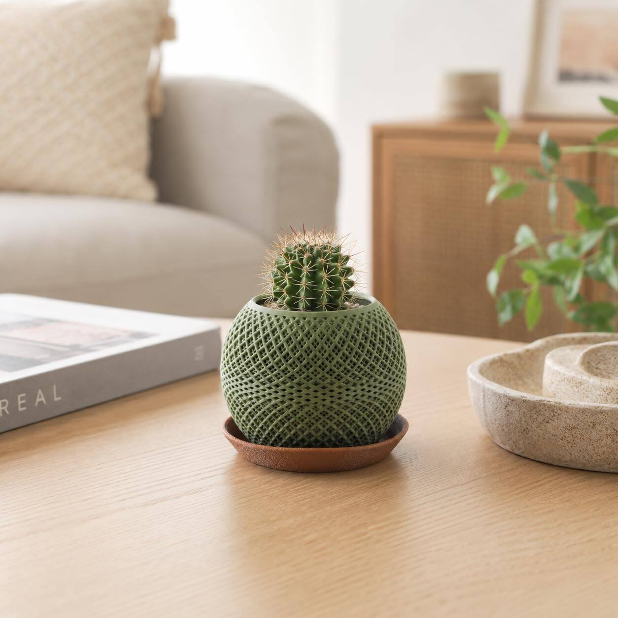 Angle. JuzToys - 3D Printed Paragon Planter with Drip Tray, Small Indoor Plant Pot w/Saucer Modern Geometric Desk Shelf Decor by PowerTRC - Green|Brown.