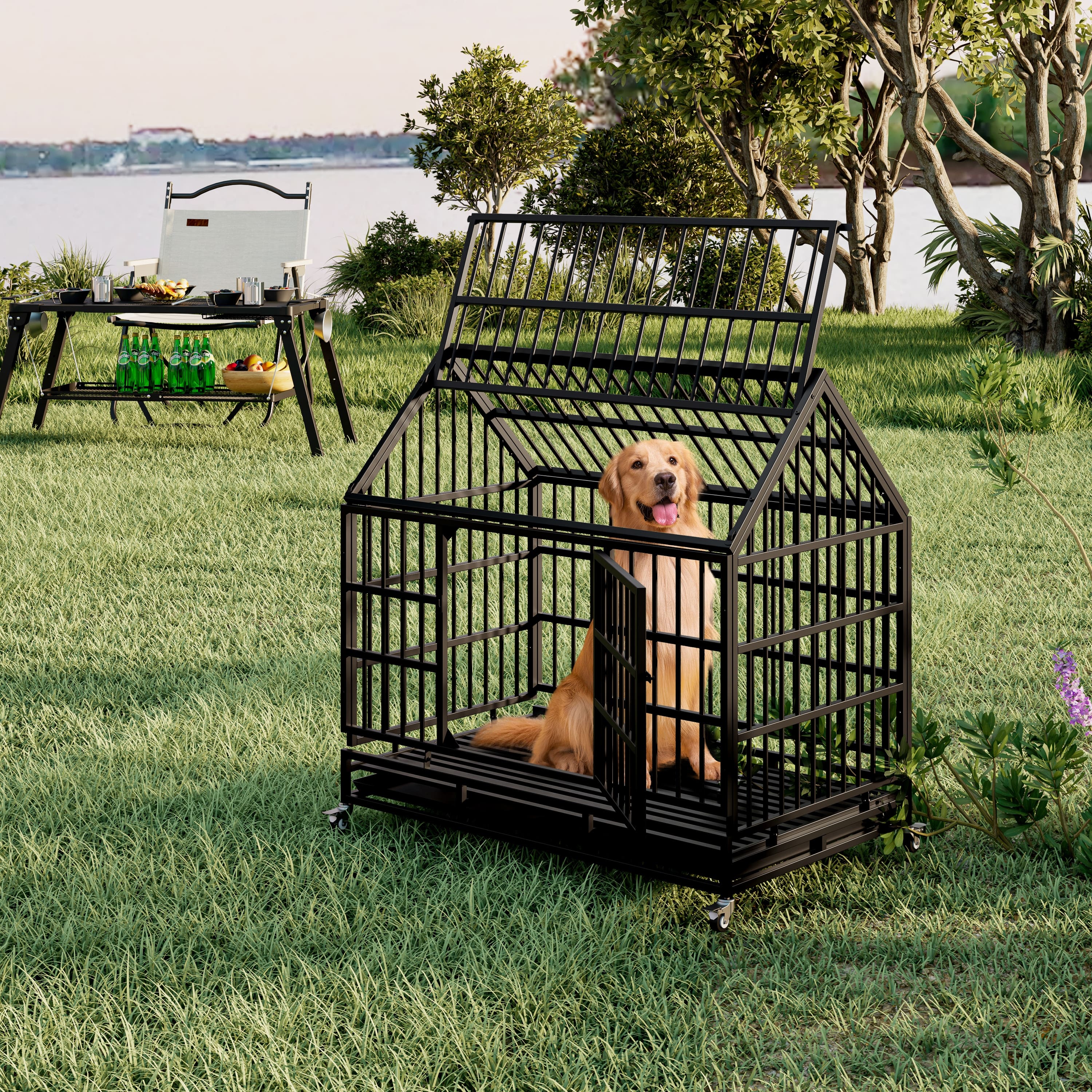 Siljoy - Heavy Duty Folding Dog Crate with Wheels, Pointed Roof & Removable Tray for Large/Medium Dogs
