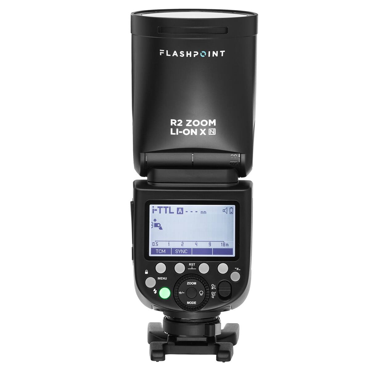 FLASHPOINT  
R2 ZOOM LI-ON X N  
"  
105  
i-TTL A  
M  

0.5 | TCM  
5 SYNC  
4  
9  
18m  
RST  
H  
MENU  
ZOOM +/- ! MODE  
NO F OF