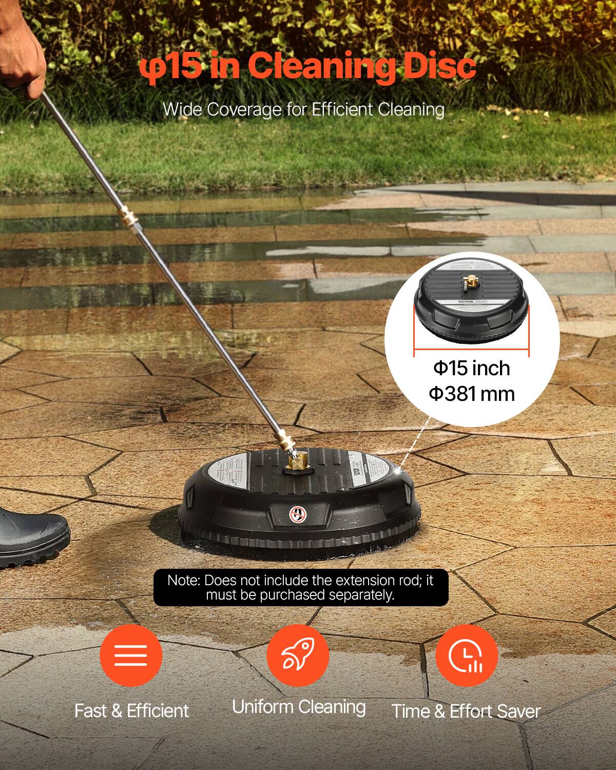 - **15 in Cleaning Disc**
  - Wide Coverage for Efficient Cleaning

- **15 inch / 381 mm**

- **Note:** Does not include the extension rod; it must be purchased separately.

- **Fast & Efficient**
- **Uniform Cleaning**
- **Time & Effort Saver**