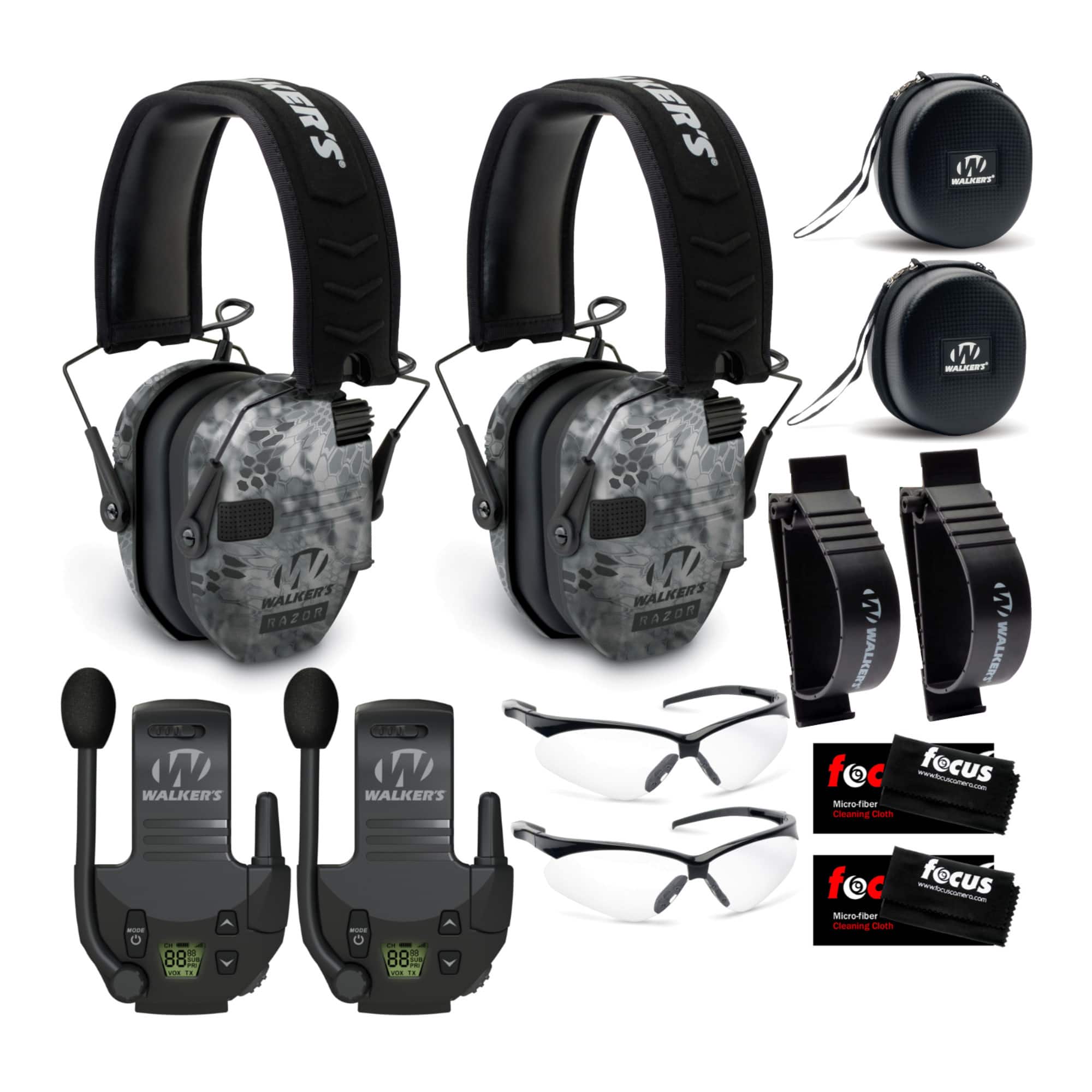 Walkers - Walker's Razor Slim Electronic Muff (Raid, 2-Pack) with Walkie Talkie and Case - Kryptek Camo
