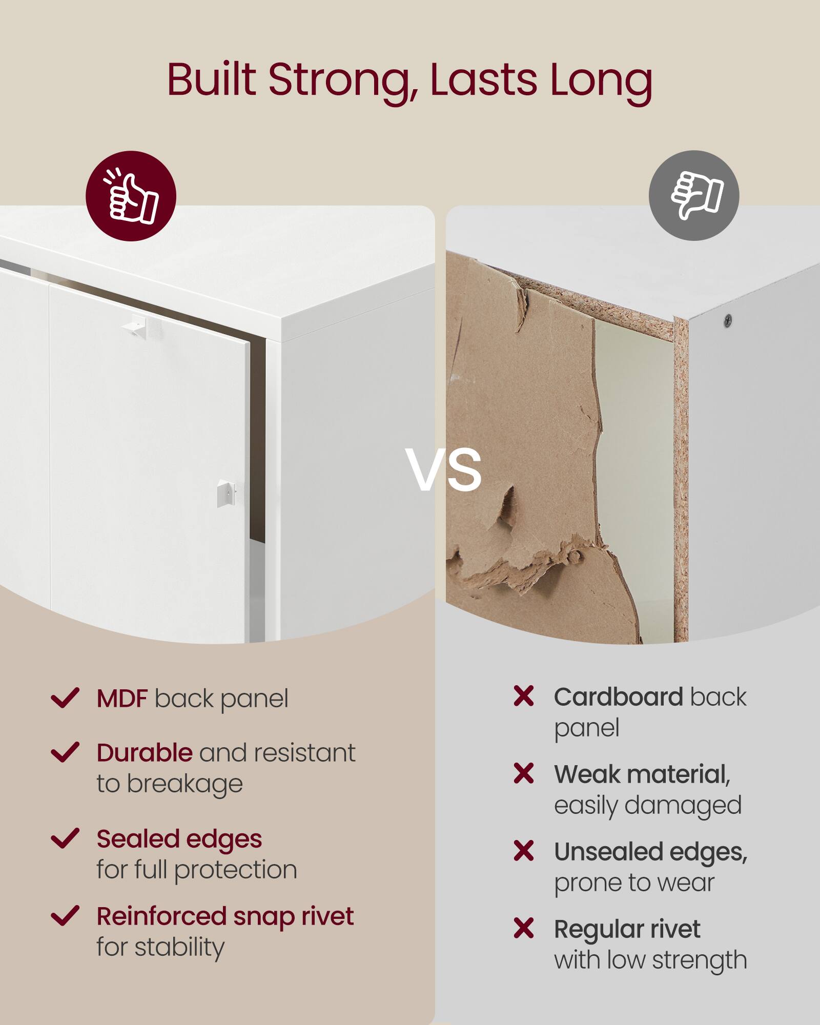 Built Strong, Lasts Long

VS

- MDF back panel
  - Durable and resistant to breakage
  - Sealed edges for full protection
  - Reinforced snap rivet for stability

- Cardboard back panel
  - Weak material, easily damaged
  - Unsealed edges, prone to wear
  - Regular rivet with low strength