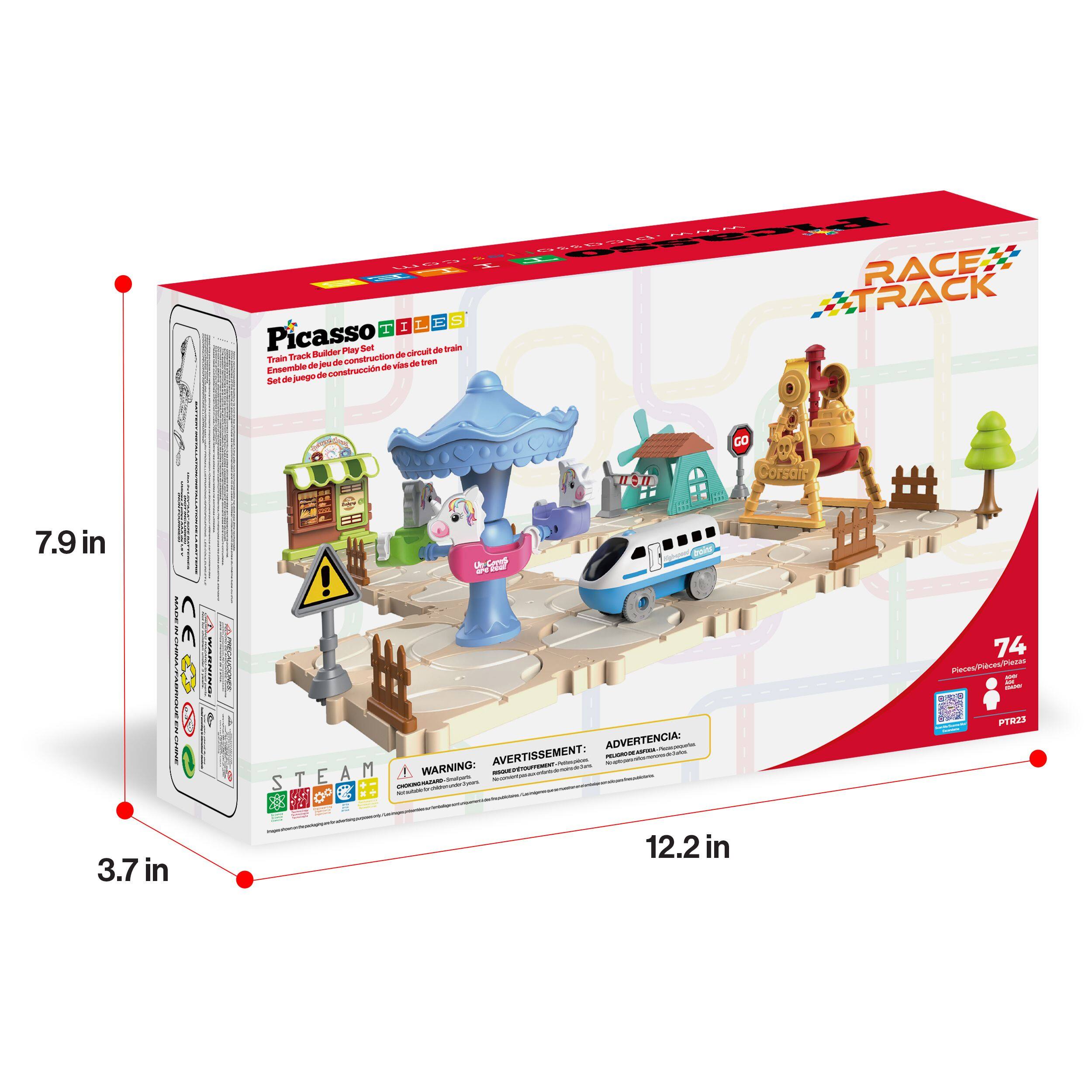 Picasso Race Track Builder Play Set  
Ensemble de jeu de construction de circuit de train  
Set de juego de construcción de vías de tren  

74 Pièces/Pieces/Pedazos  

7.9 in  
3.7 in  
12.2 in  

WARNING: AVERTISSEMENT: ADVERTENCIA:  
PELIGRO:  
Small parts. Choking hazard.  
Pequeñas piezas. Riesgo de asfixia.  
Peut présenter un danger d'étouffement.  

STEAM  
WARNING: AVERTISSEMENT: ADVERTENCIA:  
CHOKING HAZARD - Small parts. Not for children under 3 years.  
PELIGRO:  
PELIGRO DE AHOGAMIENTO - Piezas pequeñas. No apto para menores de 3 años.  

PT23