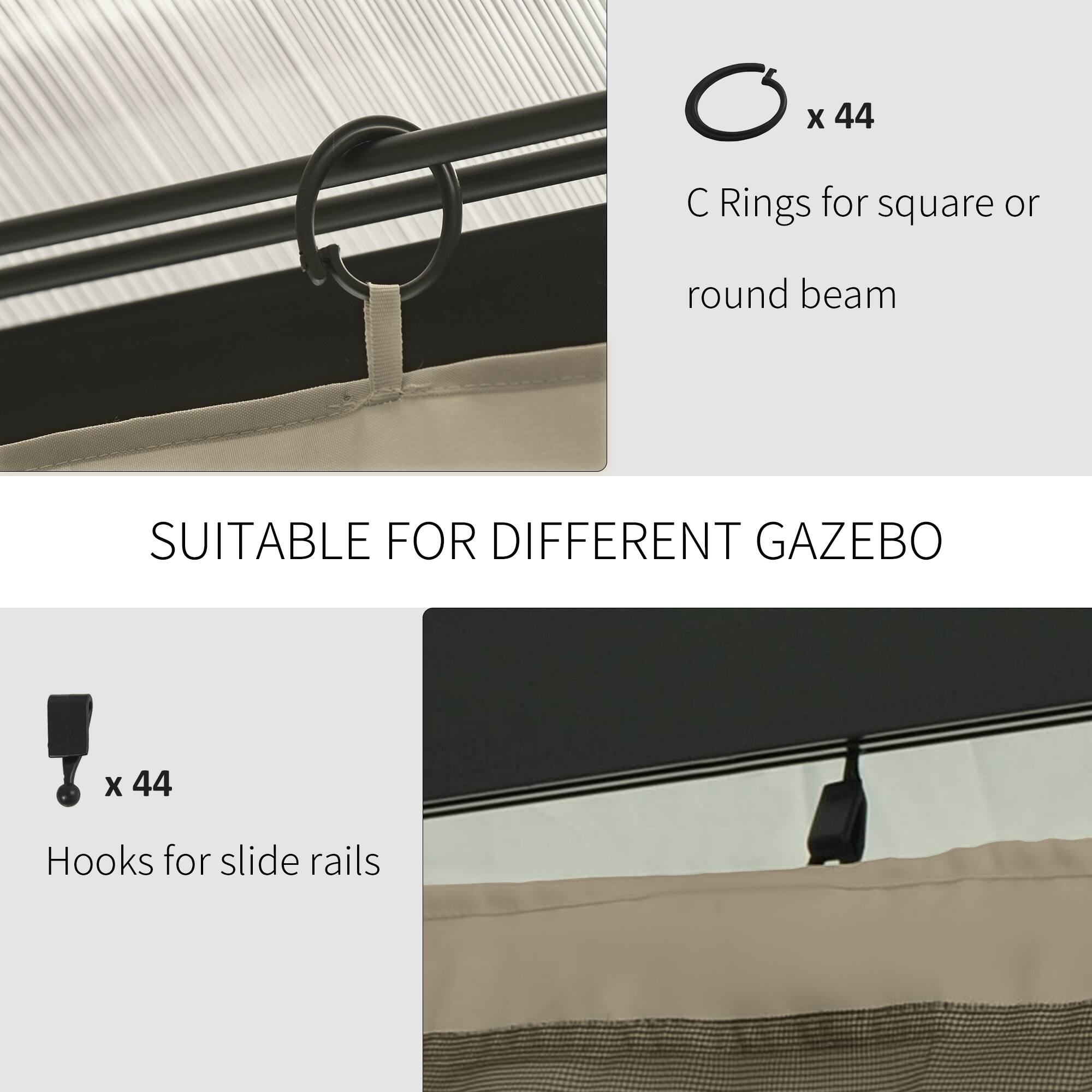 X 44 C Rings for square or round beam, SUITABLE FOR DIFFERENT GAZEBO, X 44 Hooks for slide rails