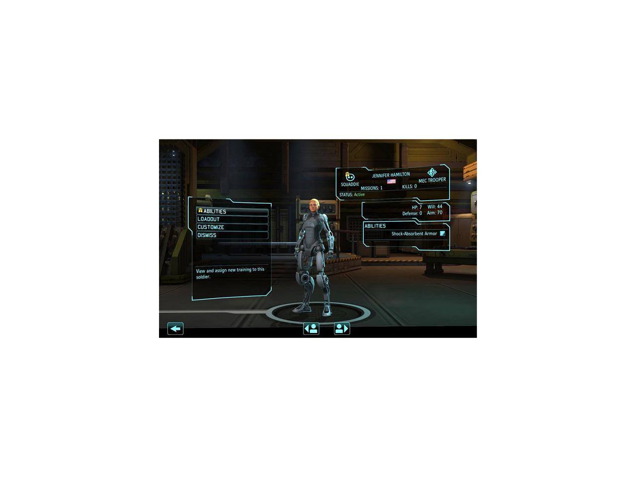 Jennifer Hamilton  
MC Trooper  
Squad & Missions  

Status: Active  

Abilities:  
- Loadout  
- Customize  
- Dismiss  

HP: 1  
Will: 44  
Defense: 0  
Aim: 70  

Abilities:  
- Shock-Absorbent Armor  
- New training  

View and assign new training to this soldier.