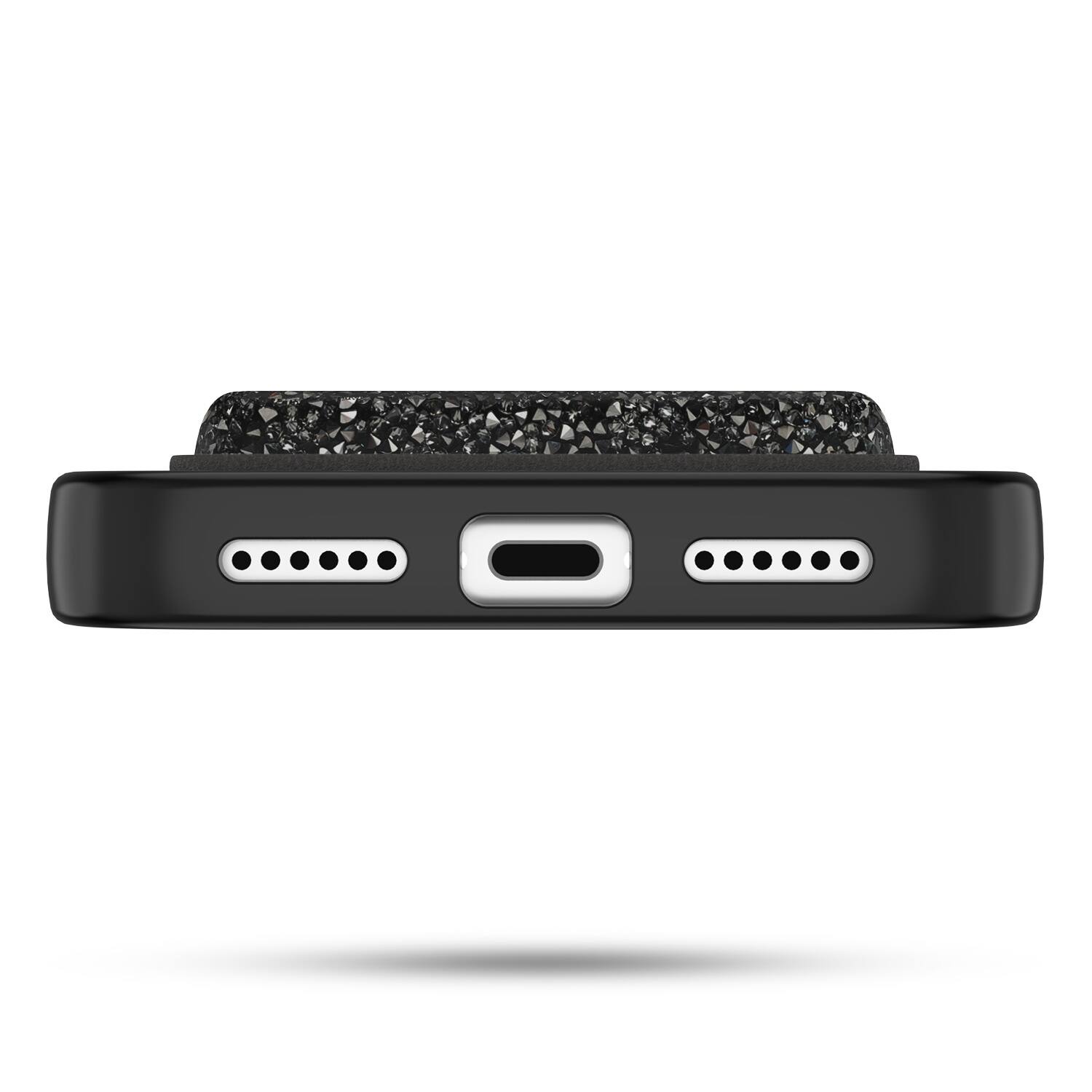 The image shows a black device with a textured surface on top and a flat bottom. On the bottom, there is a USB-C port in the center, flanked by two rows of LED indicators on either side.