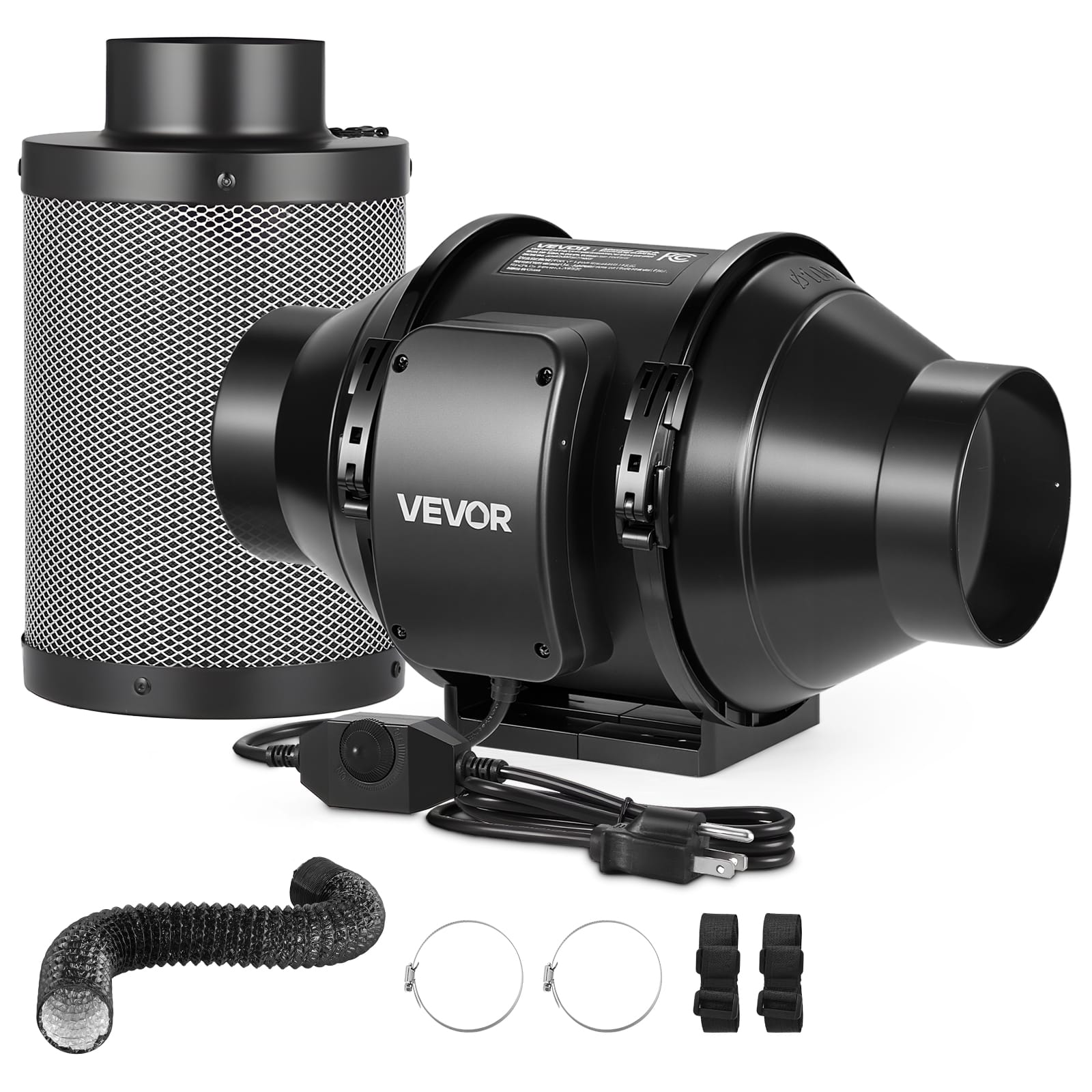 VEVOR - 4" Air Filtration Kit, 180 CFM Inline Duct Fan with Speed Controller, Carbon Filter & Ducting Ventilation System - Black Shell & Blades