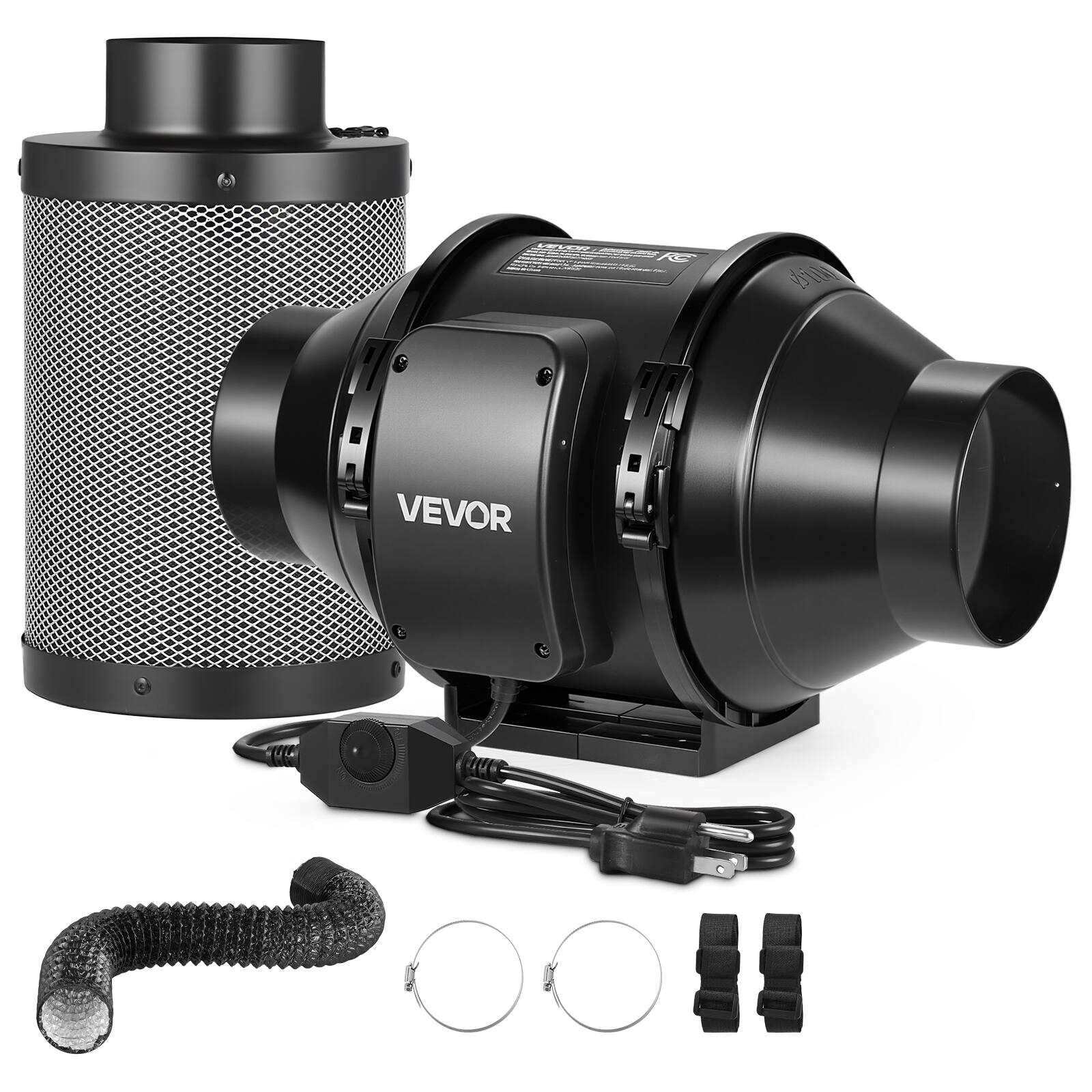 Front. VEVOR - 4" Air Filtration Kit, 180 CFM  Inline Duct Fan with Speed Controller, Carbon Filter & Ducting Ventilation System - Black Shell & Blades.