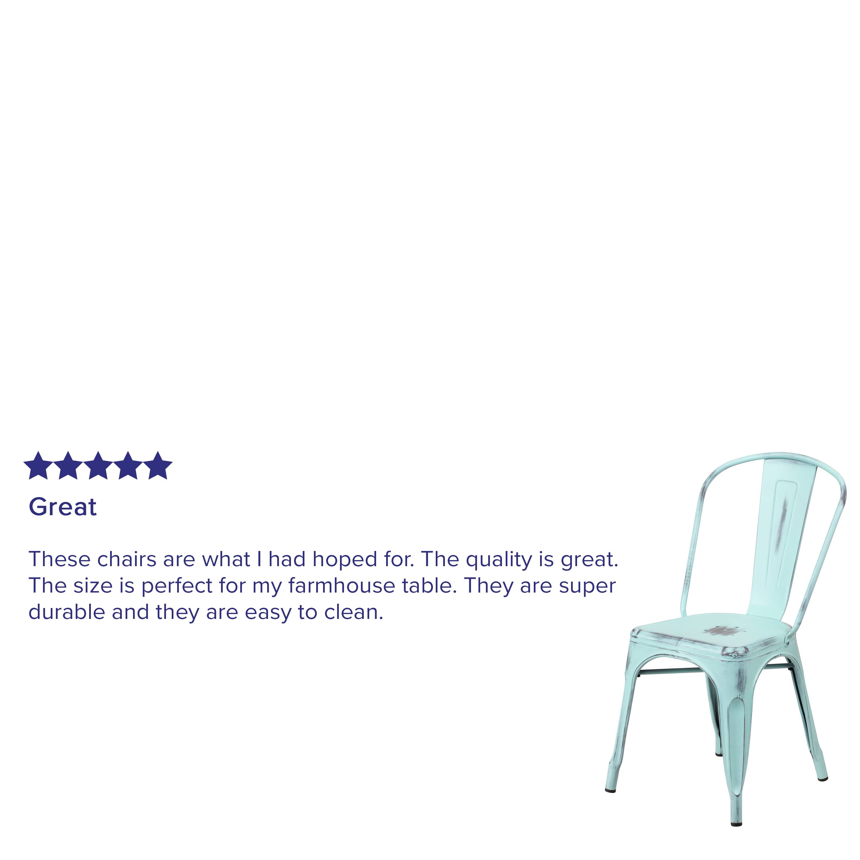 Great

These chairs are what I had hoped for. The quality is great. The size is perfect for my farmhouse table. They are super durable and they are easy to clean.